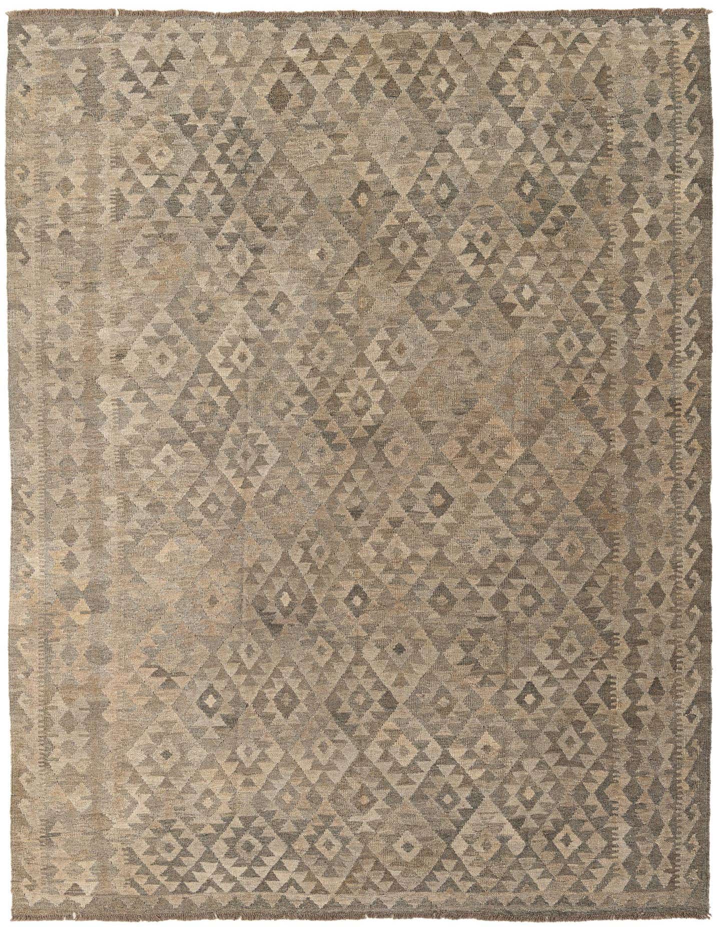A 7x10 rectangular Kilim Maymana rug featuring a tribal geometric pattern in various shades of gray and silver, suitable for a living room.