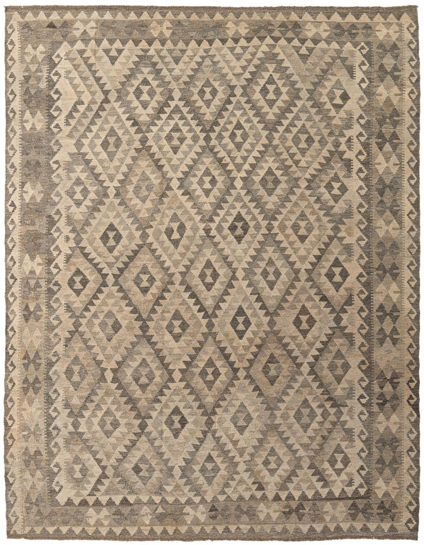A 7x10 rectangular Kilim Maymana rug featuring a tribal geometric pattern in shades of gray and silver, perfect for a modern living room.