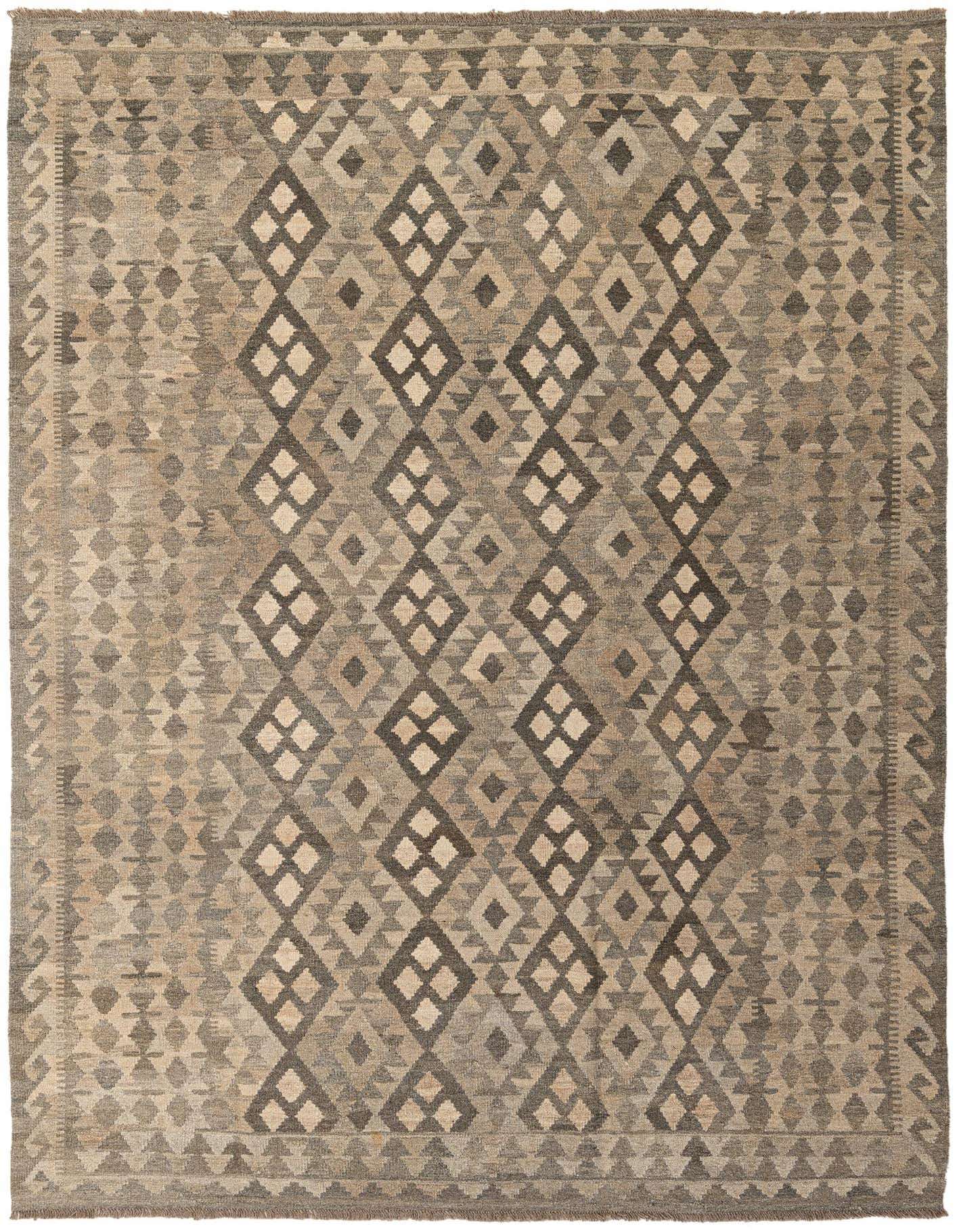 A 7x10 rectangular flatweave Kilim Maymana rug featuring a tribal geometric diamond pattern in varying shades of gray and silver.