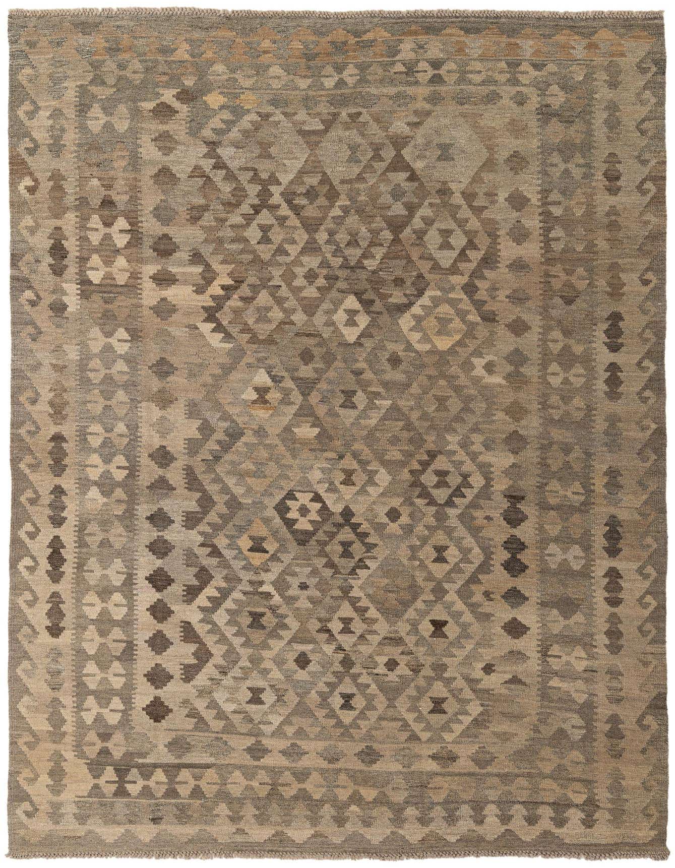 A 6x9 rectangular Kilim Maymana rug featuring a tribal geometric pattern in various shades of gray and silver.