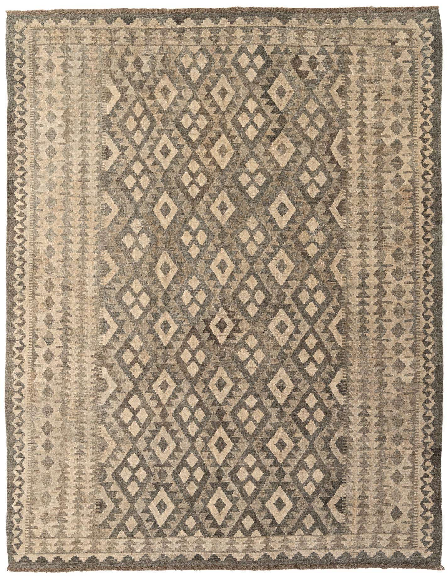 A 7x10 rectangular gray and beige tribal flatweave wool rug with a diamond pattern, suitable for a living room.