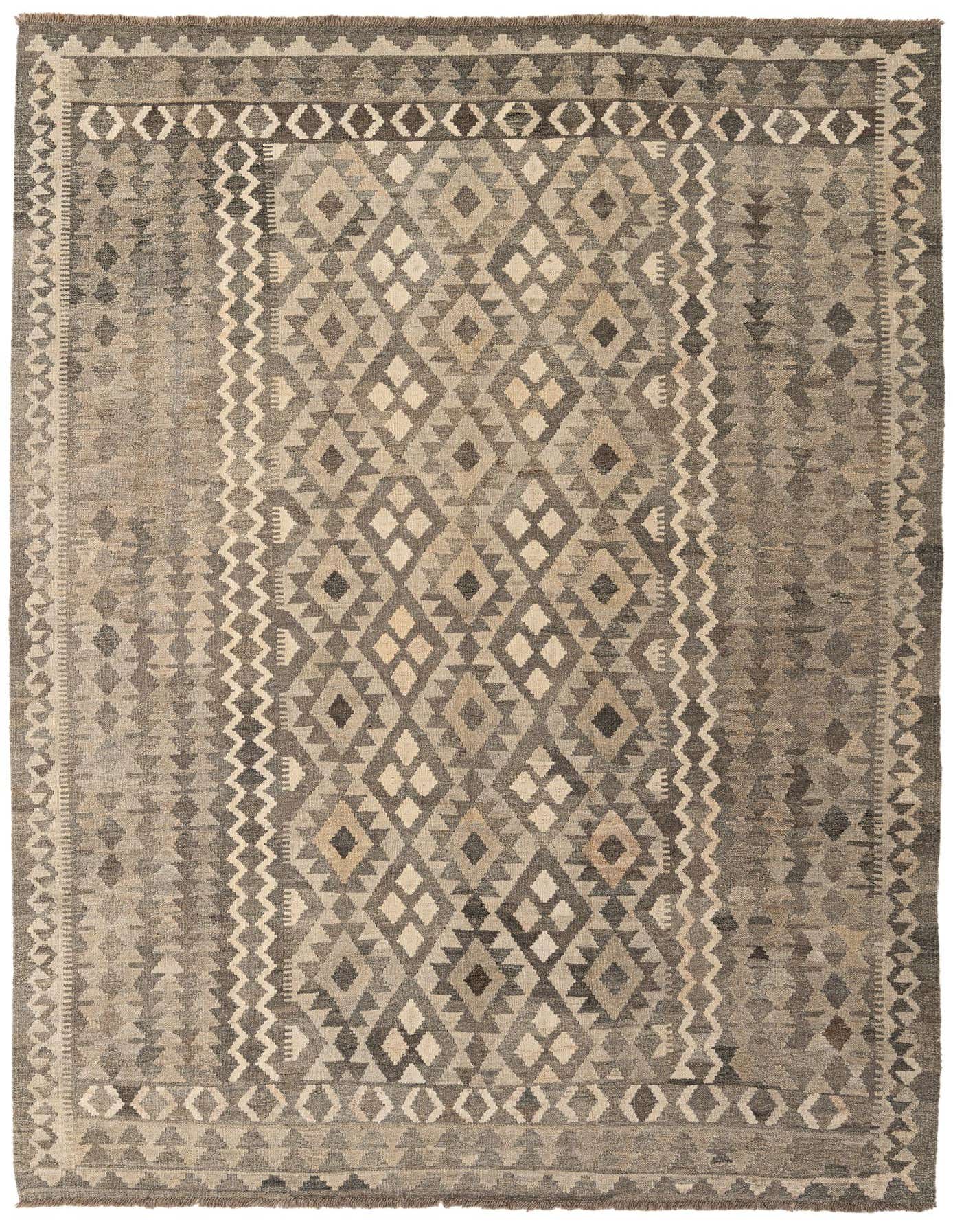 A 6x9 rectangular Kilim Maymana rug featuring a tribal geometric diamond pattern in varying shades of gray and silver.
