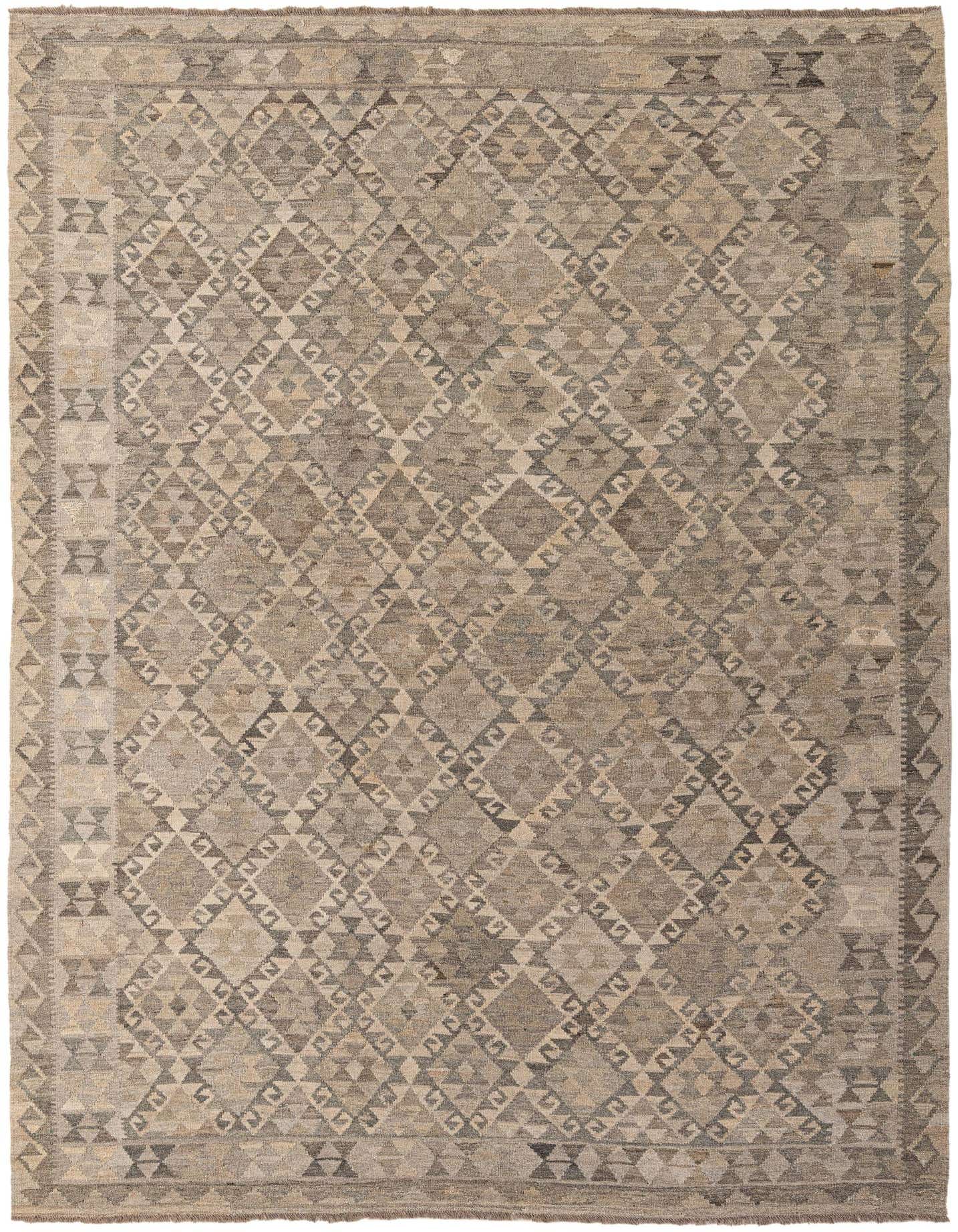 A 7x10 rectangular flatweave Kilim Maymana rug featuring a tribal diamond pattern in various shades of gray and silver.