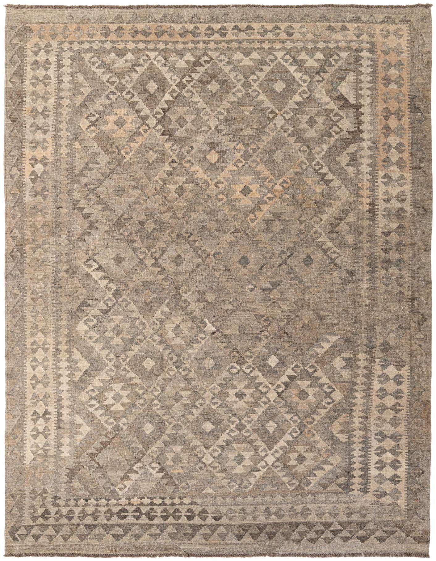 A 7x10 rectangular flatweave Kilim Maymana rug featuring a tribal geometric pattern in various shades of gray and silver.