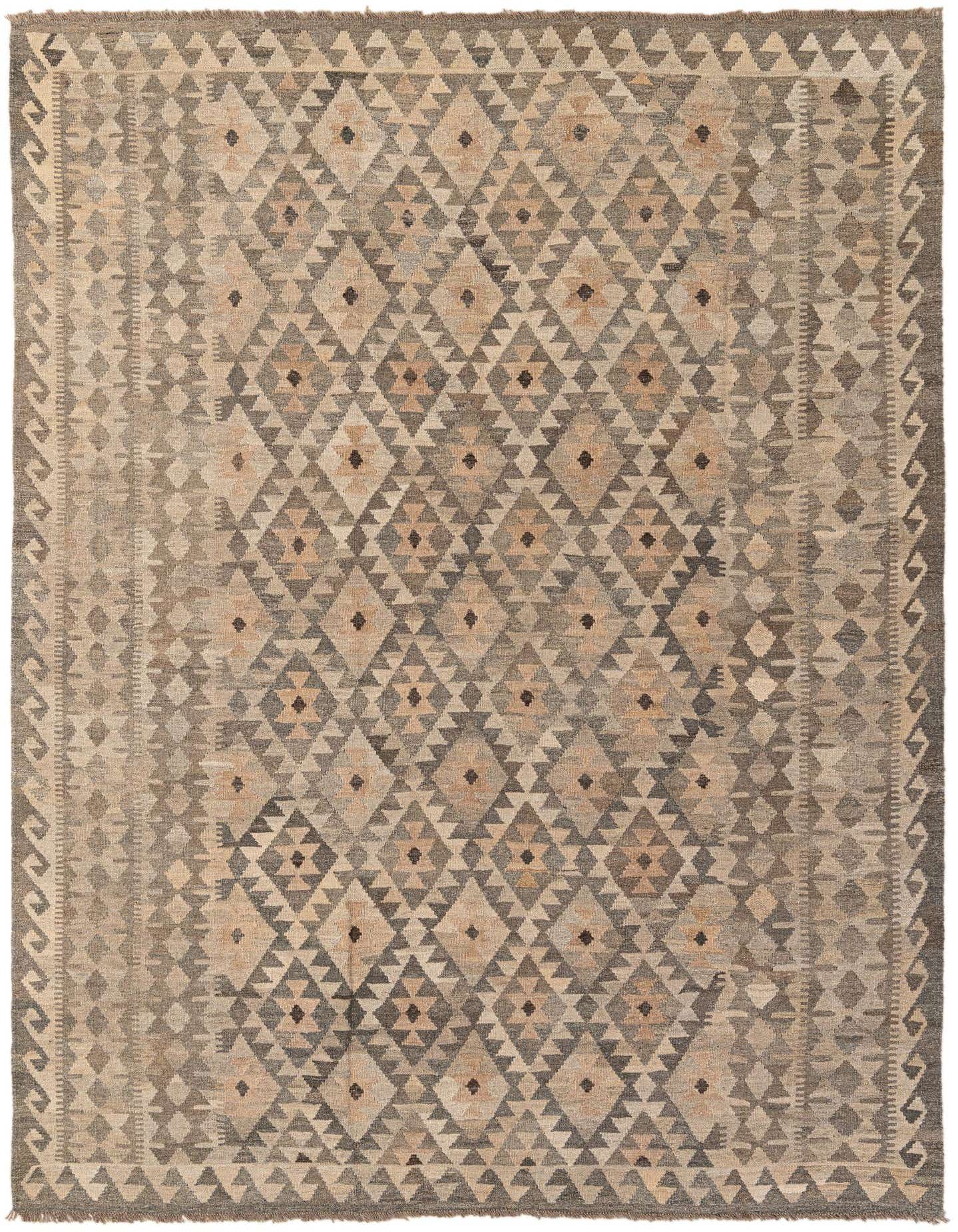 A 7x10 rectangular Kilim Maymana wool rug featuring a tribal geometric pattern in various shades of gray and silver.