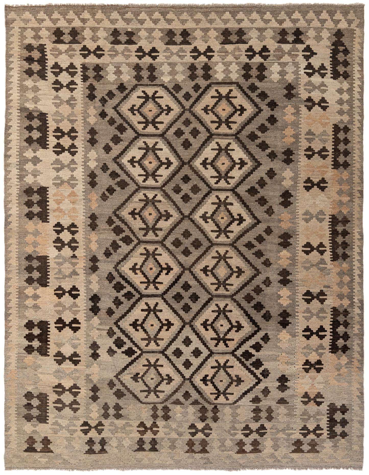 A 7x10 rectangular flatweave Kilim Maymana rug featuring a tribal geometric pattern in various shades of gray, silver, and dark brown.