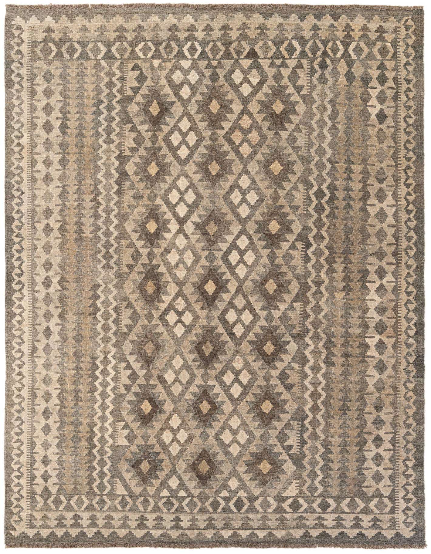 A 7x10 rectangular flatweave Kilim Maymana rug featuring tribal geometric patterns in shades of gray and silver.