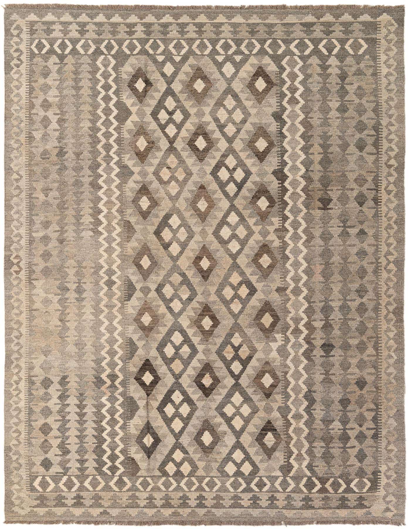 A 7x10 rectangular Kilim Maymana rug featuring a tribal geometric pattern in various shades of gray and silver.