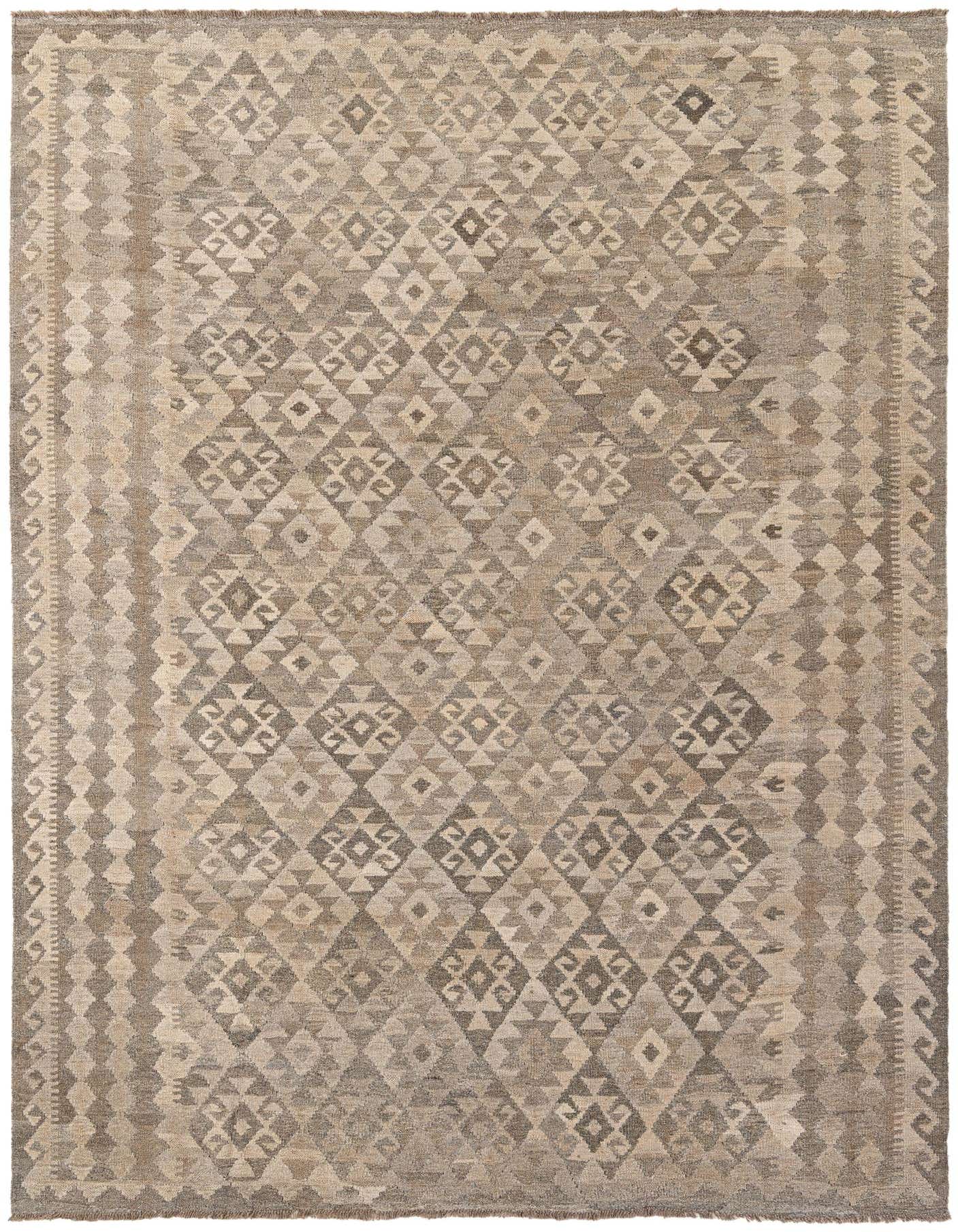 A 7x10 rectangular flatweave Kilim Maymana rug featuring a tribal geometric pattern in varying shades of gray and silver.