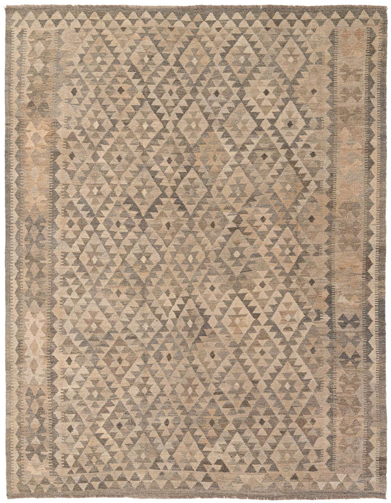 A 6x9 rectangular gray tribal flatweave rug with a repeating diamond pattern and subtle border, suitable for a living room.