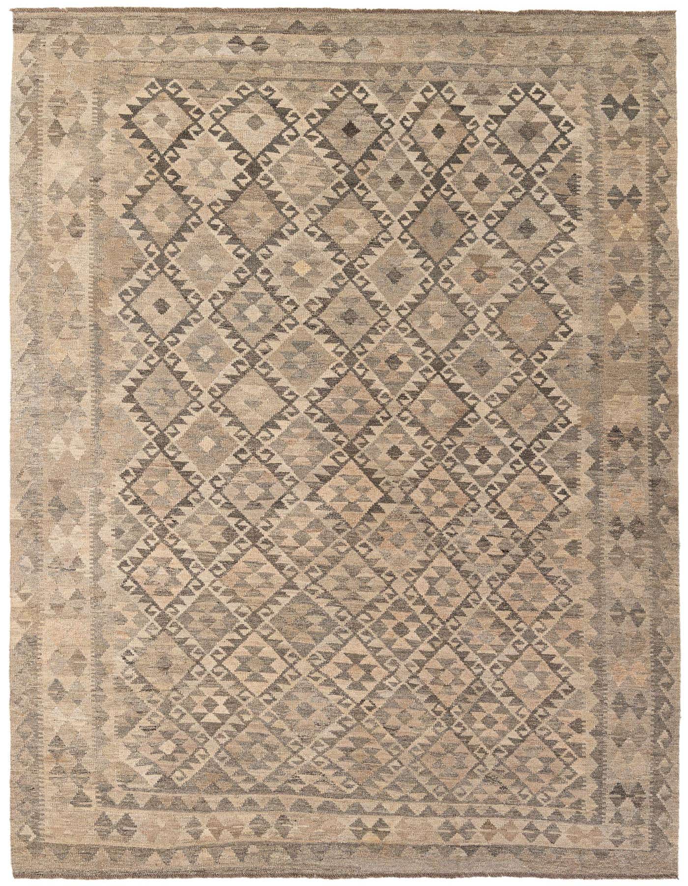 A 7x10 rectangular Kilim Maymana flatweave rug featuring a tribal geometric pattern in shades of gray and silver.