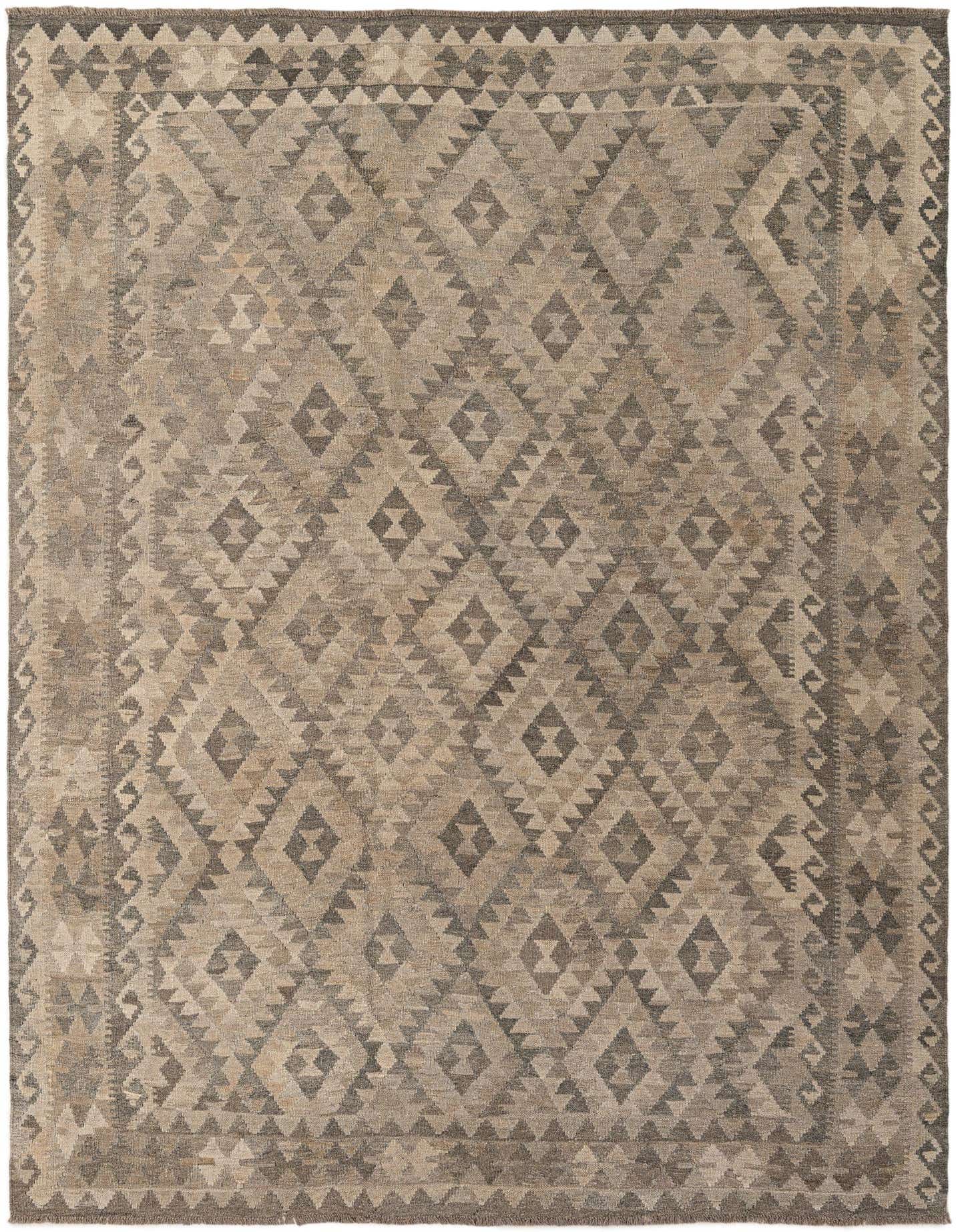 A 7x10 rectangular flatweave Kilim Maymana wool rug featuring a repeating tribal diamond pattern in various shades of gray and silver.