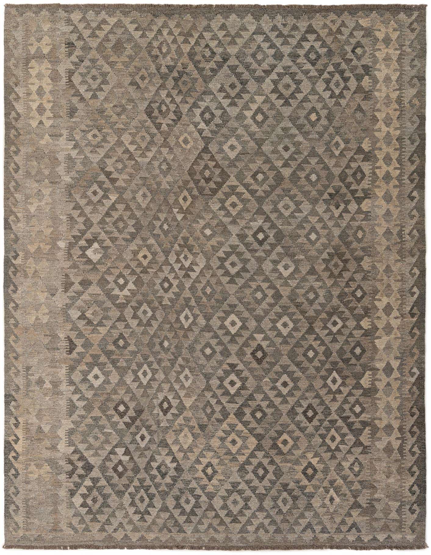 A 7x10 rectangular Kilim Maymana rug featuring a tribal geometric pattern in various shades of gray and silver, suitable for a living room.