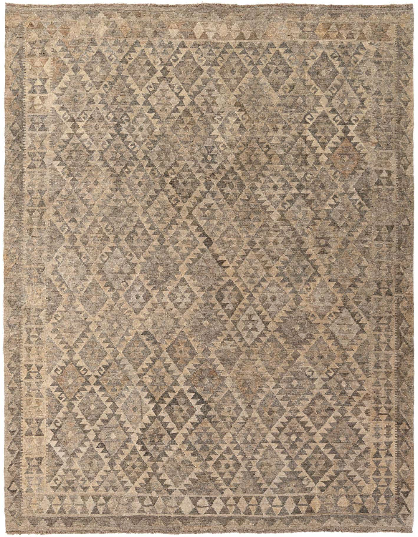 A 7x10 rectangular flatweave Kilim Maymana rug featuring a gray and silver tribal geometric diamond pattern.