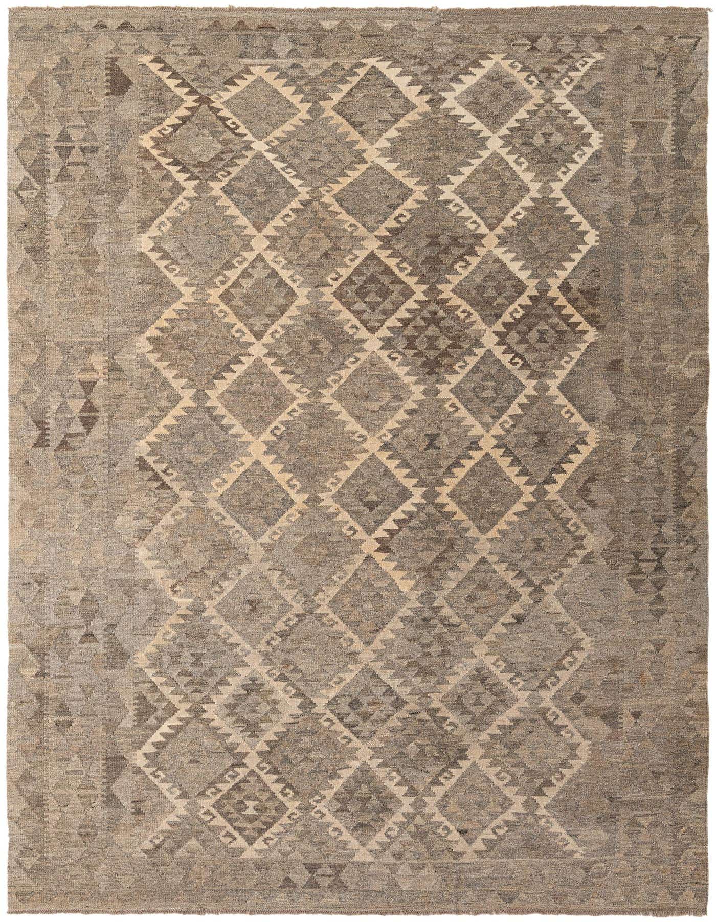 A 7x10 rectangular gray Kilim Maymana rug with a tribal diamond pattern in lighter gray and cream tones.
