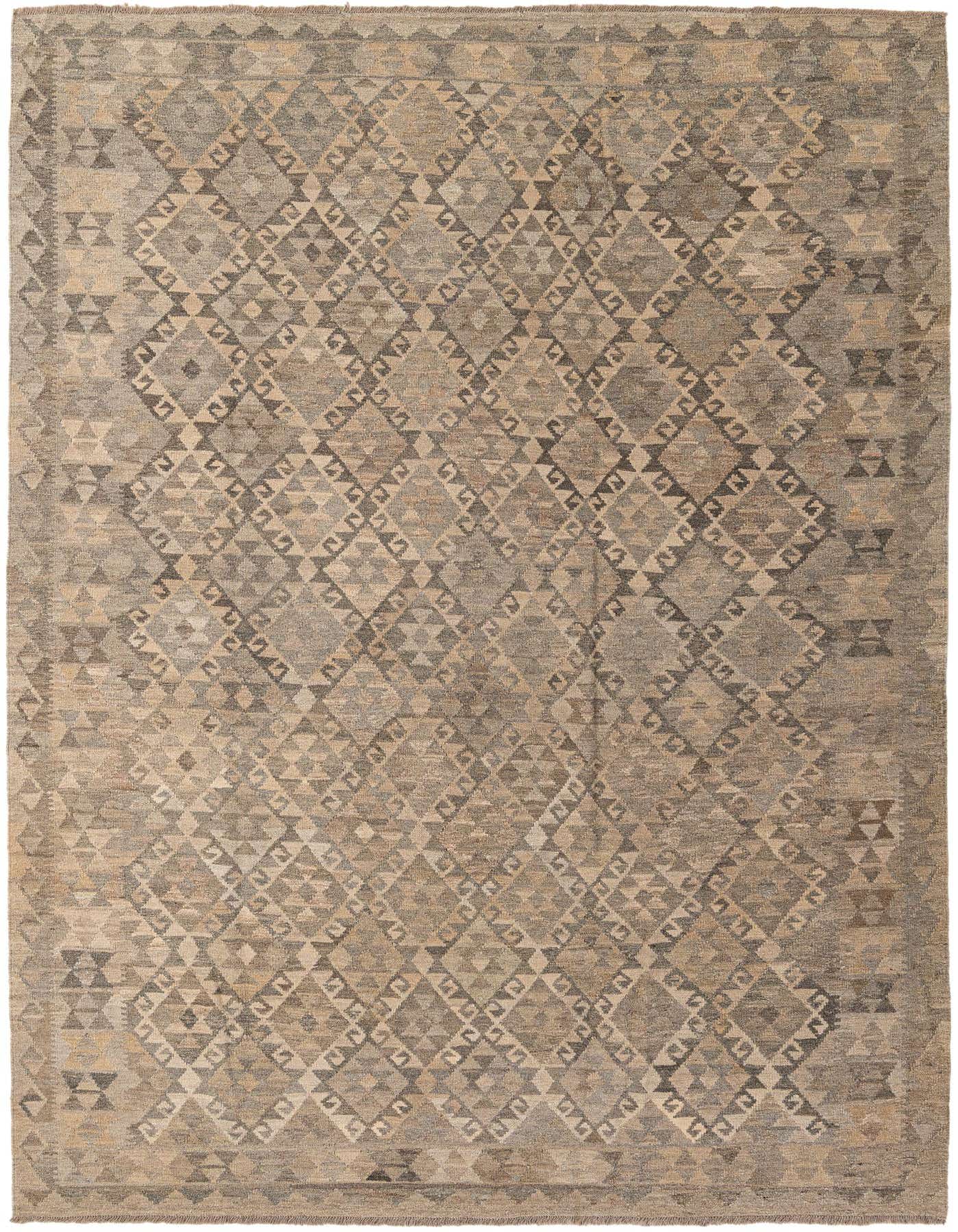 A 7x10 rectangular flatweave Kilim Maymana rug with a tribal geometric pattern in shades of gray and silver.