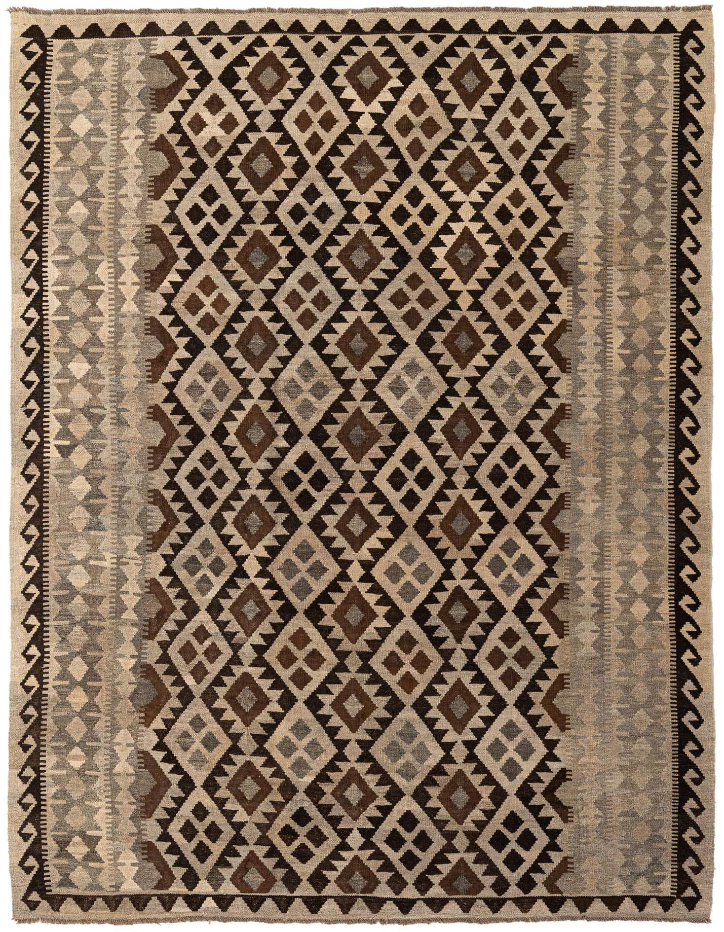 A 6x9 rectangular Kilim Maymana rug featuring a tribal geometric pattern in shades of gray, silver, and brown, suitable for a living room.