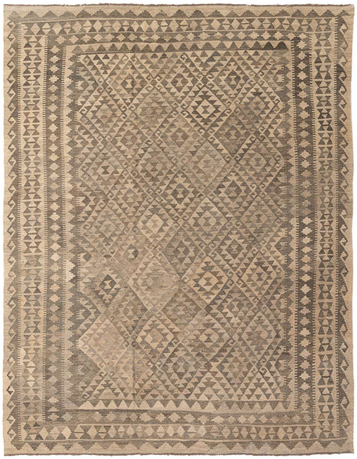 A 7x10 rectangular gray Kilim Maymana rug with a tribal geometric pattern and a flatweave texture, suitable for a living room.