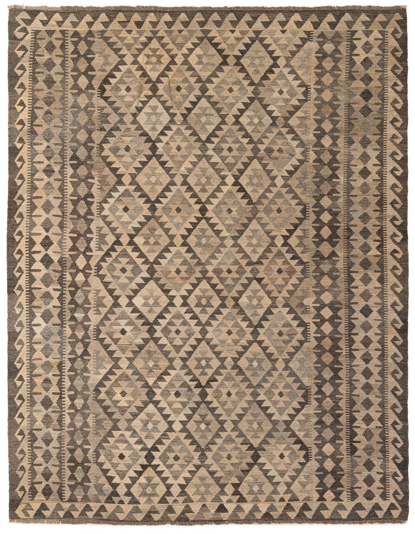 A 7x10 rectangular Kilim Maymana wool rug featuring a tribal geometric pattern in shades of gray and silver.