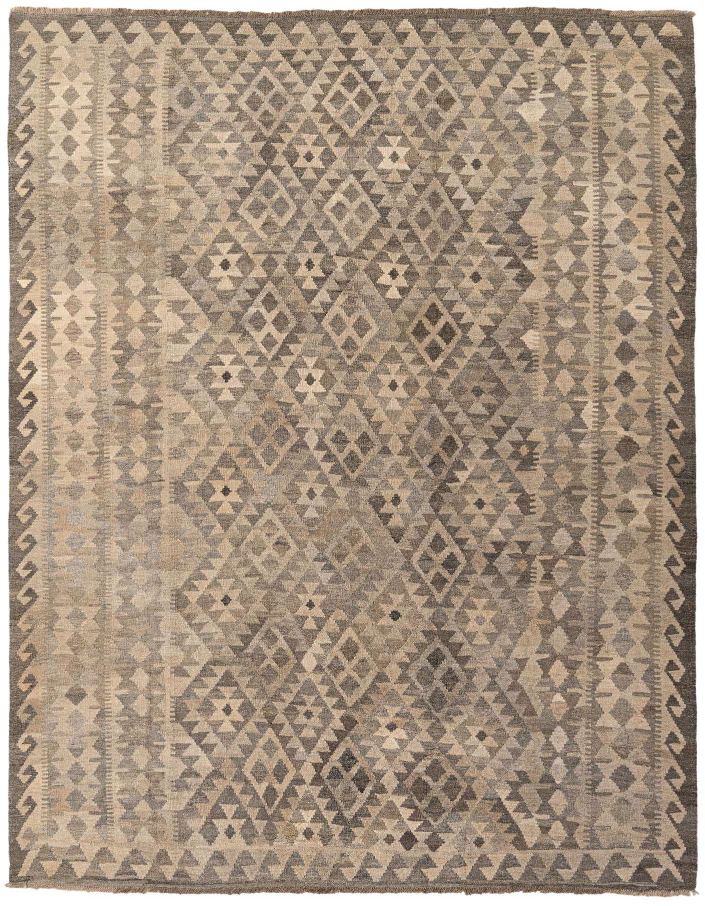 A 7x10 rectangular flatweave Kilim Maymana rug featuring a tribal geometric pattern in varying shades of gray and silver.