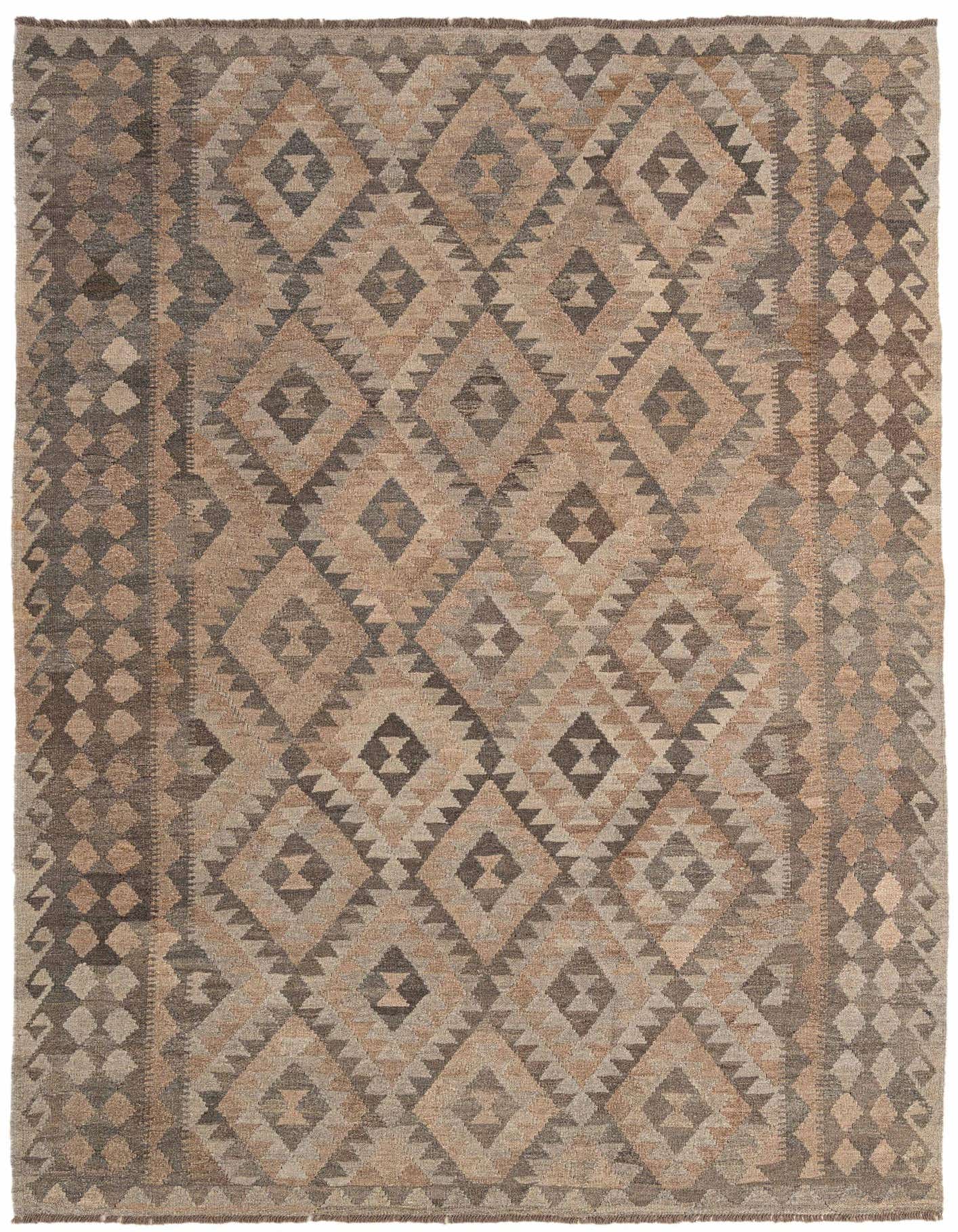 7x10 rectangular flatweave rug with a tribal geometric pattern in shades of gray and beige.