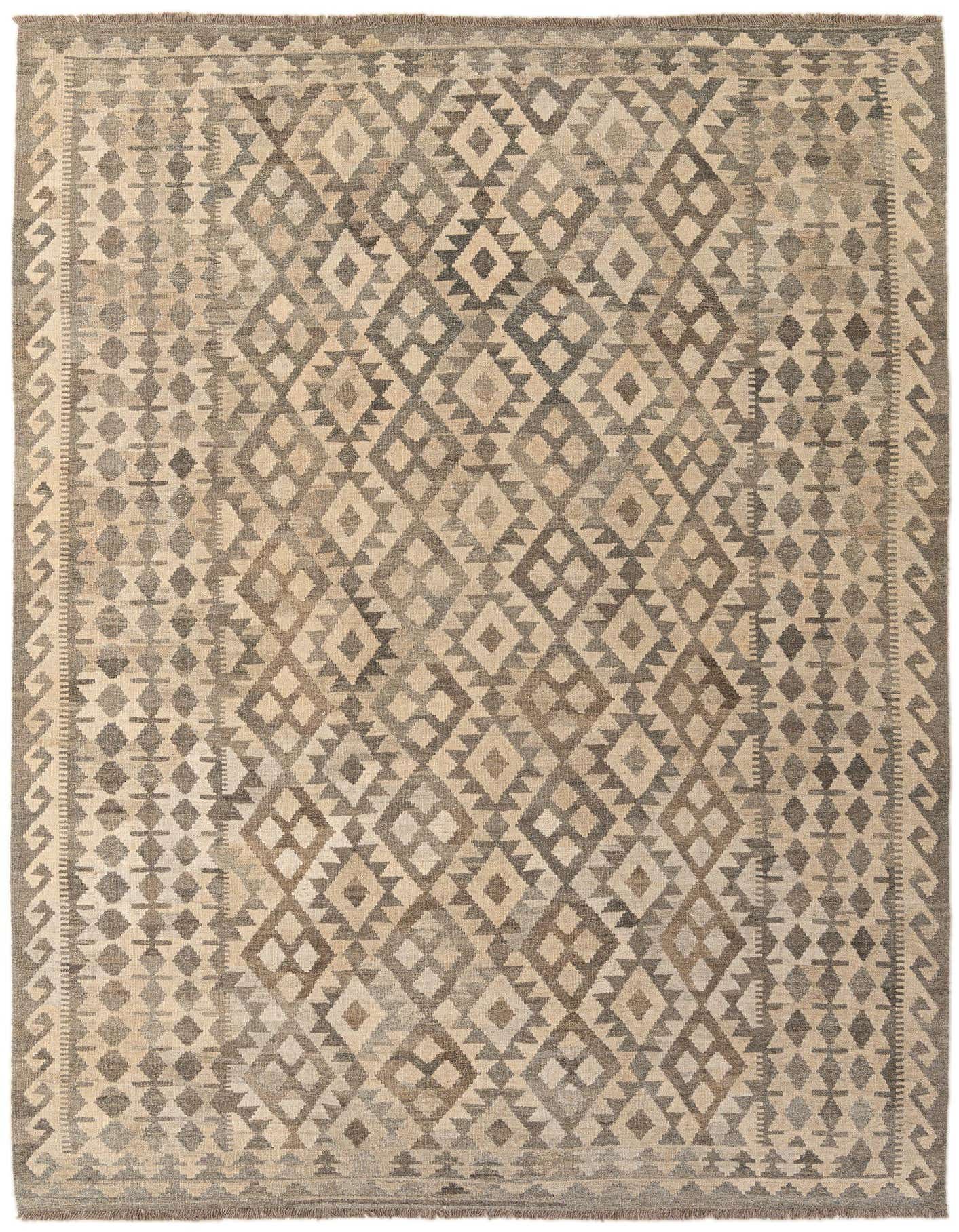 A 7x10 rectangular Kilim Maymana rug featuring a tribal geometric diamond pattern in shades of gray and beige.