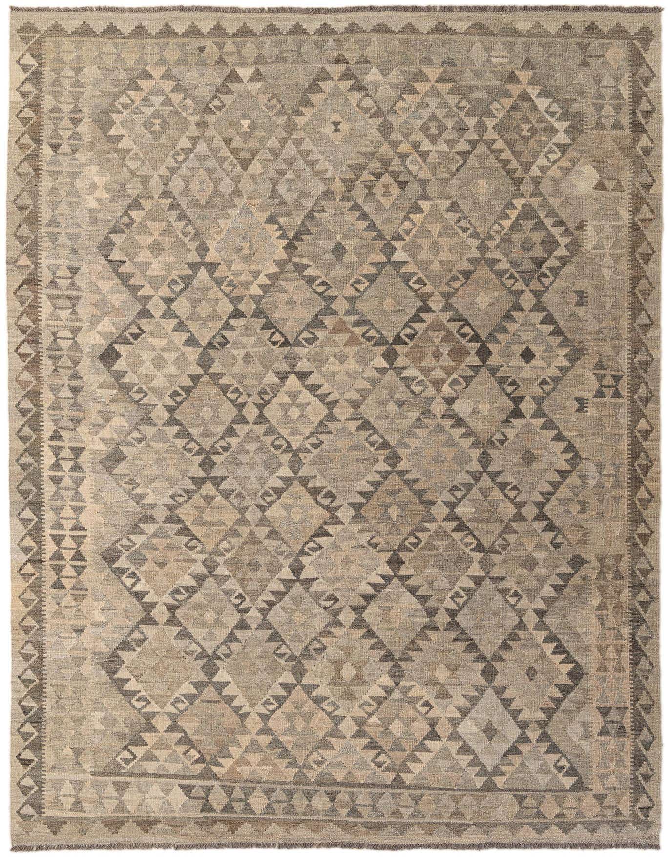A 7x10 rectangular flatweave Kilim Maymana rug featuring a tribal geometric diamond pattern in varying shades of gray and silver.