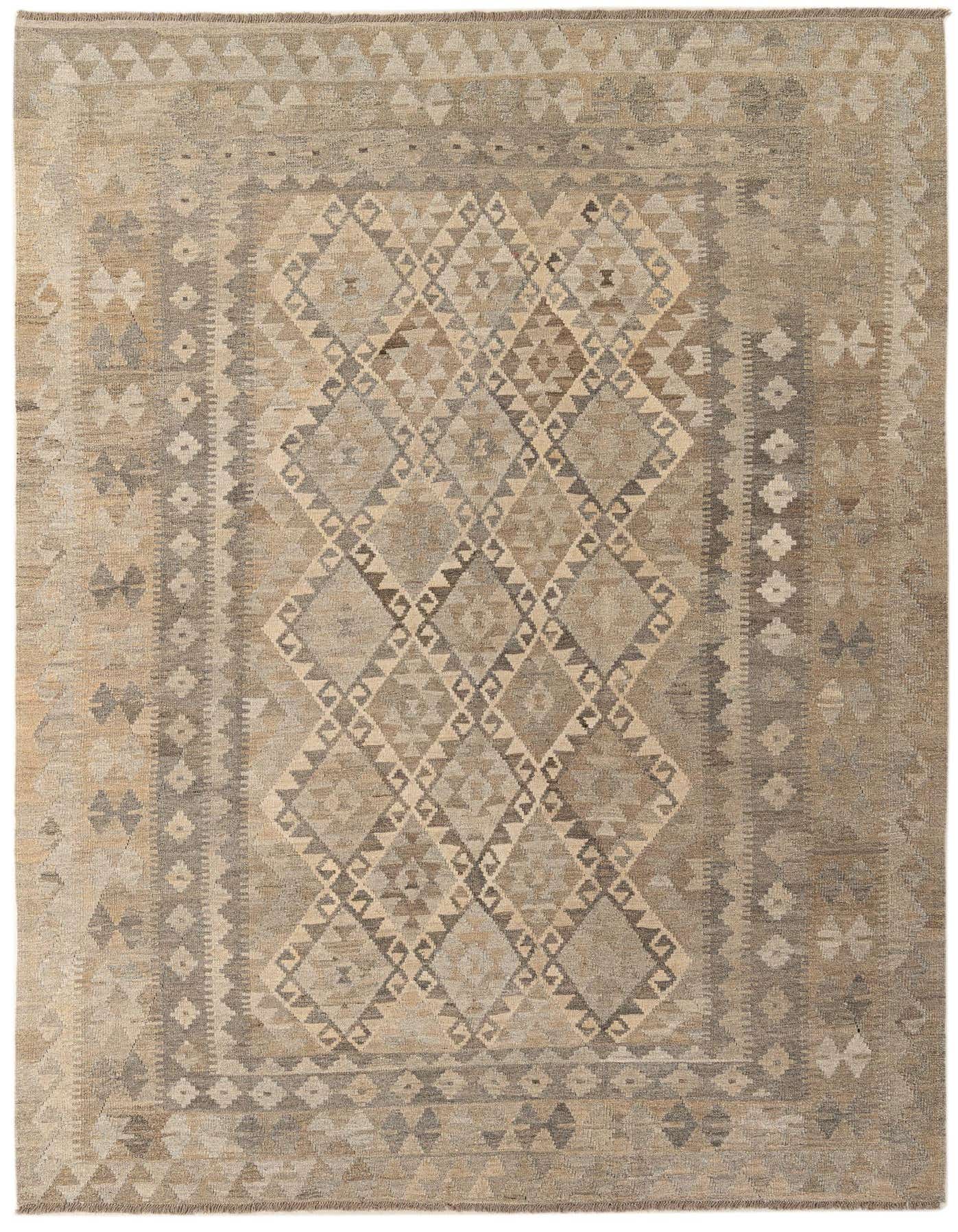 A 7x10 rectangular Kilim Maymana wool rug featuring tribal geometric patterns in shades of gray and beige.