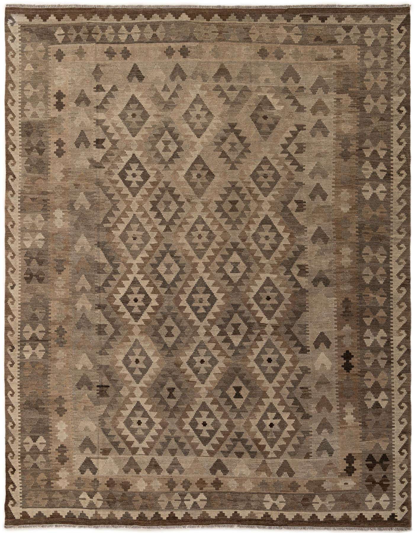 A 7x10 rectangular flatweave Kilim Maymana rug featuring a tribal geometric pattern in varying shades of gray and silver.