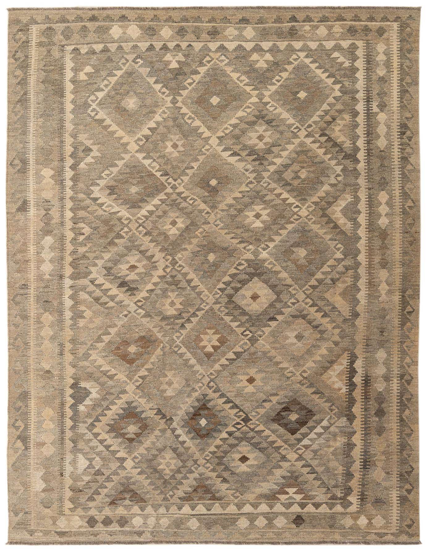 A 7x10 rectangular Kilim Maymana rug featuring a tribal geometric pattern in shades of gray and silver.