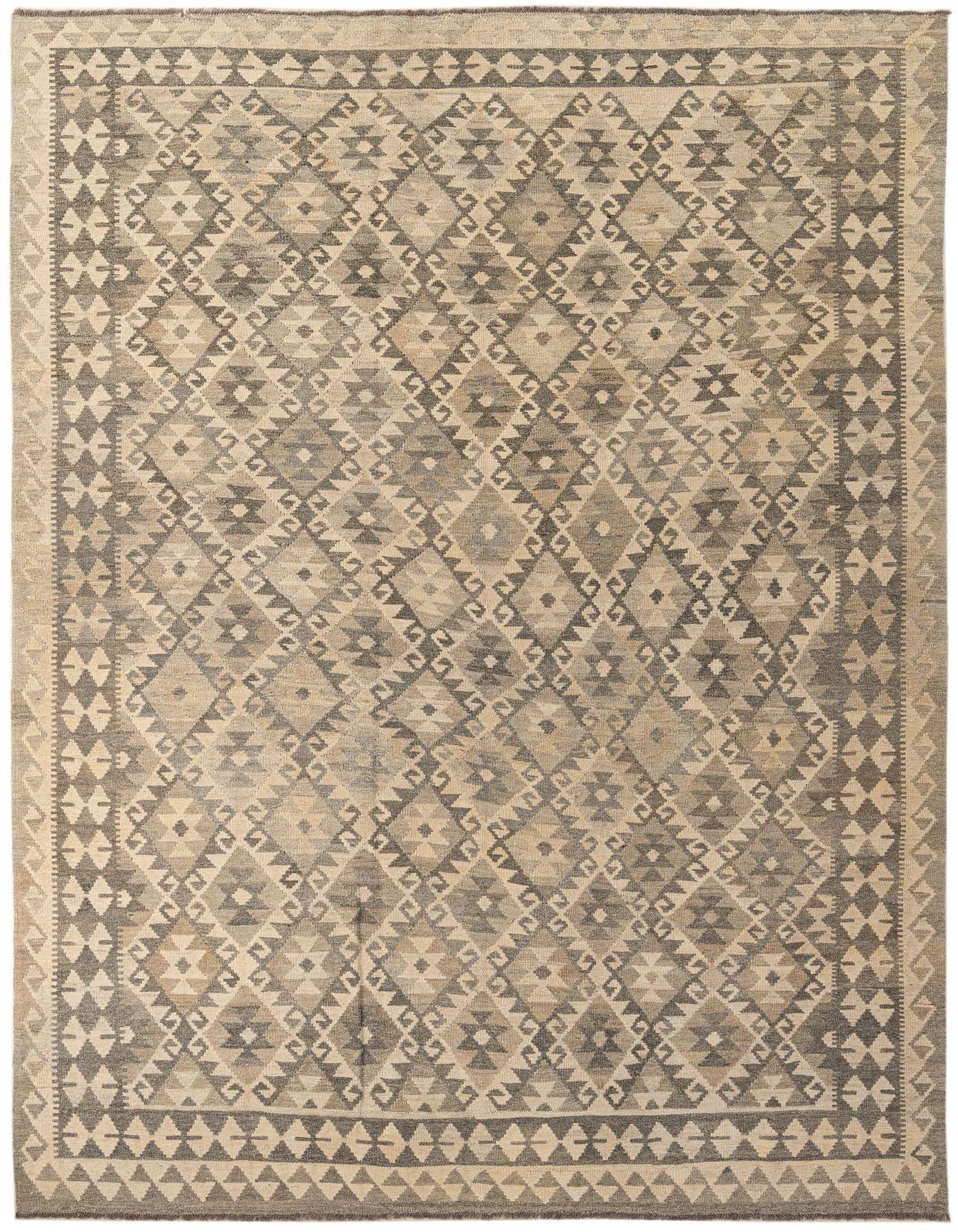 A 7x10 rectangular flatweave Kilim Maymana rug featuring a tribal geometric pattern in shades of gray and silver.