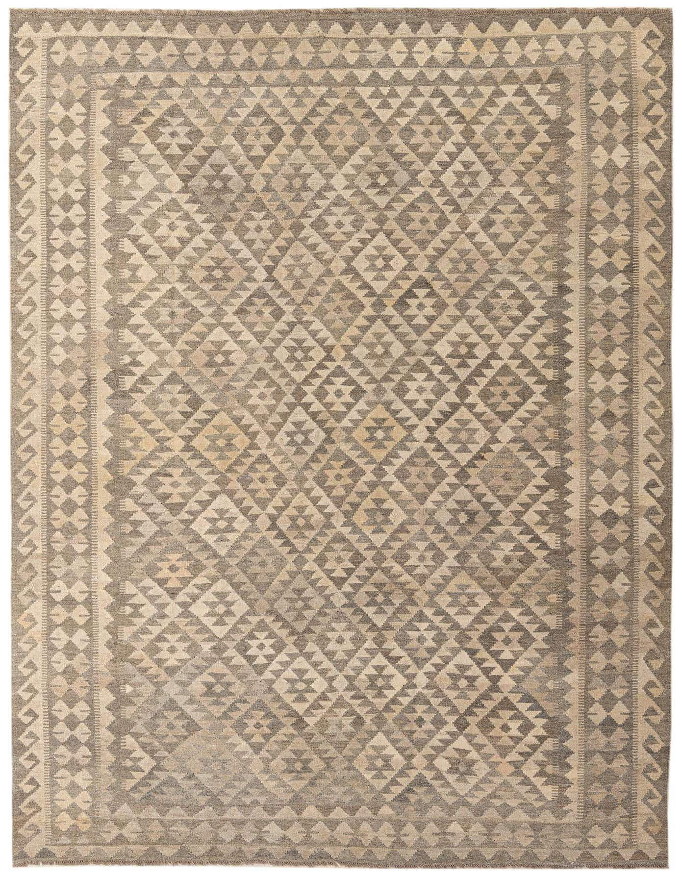 A 7x10 rectangular flatweave Kilim Maymana rug featuring a tribal geometric pattern in shades of gray and silver.