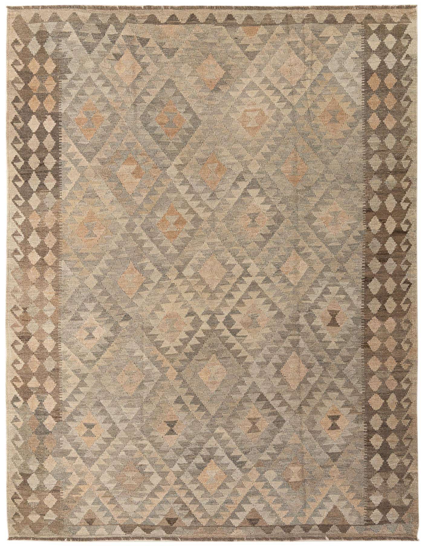 A 7x10 rectangular Kilim Maymana rug featuring a tribal geometric pattern in shades of gray, silver, and subtle peach tones.