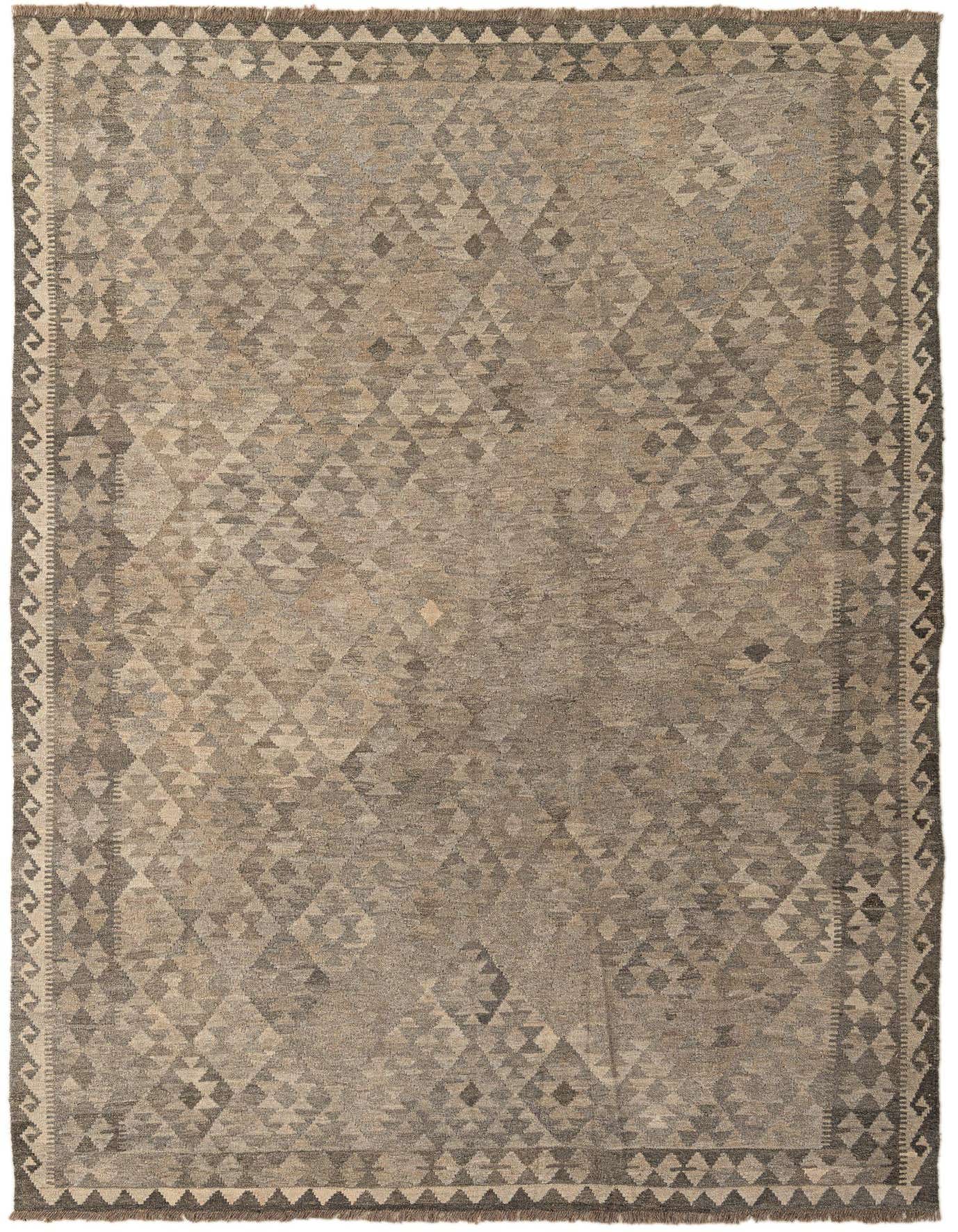 A 7x10 rectangular flatweave Kilim Maymana rug in shades of gray and silver with a tribal geometric pattern and border.