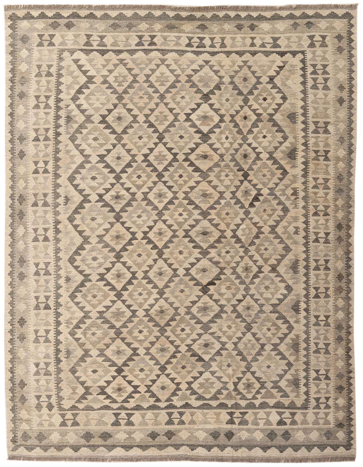 A 7x10 rectangular flatweave Kilim Maymana rug featuring a tribal geometric pattern in shades of gray and silver.