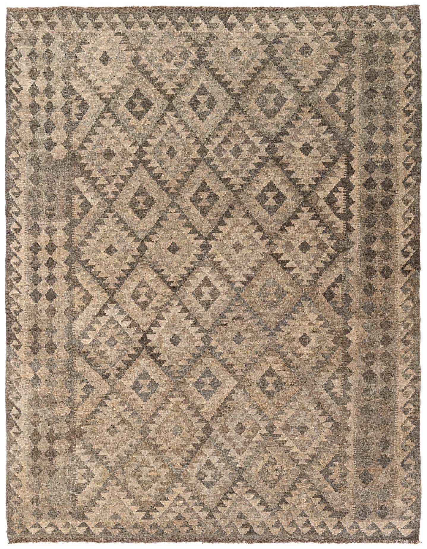A 7x10 rectangular Kilim Maymana rug featuring a tribal geometric pattern in shades of gray and silver.