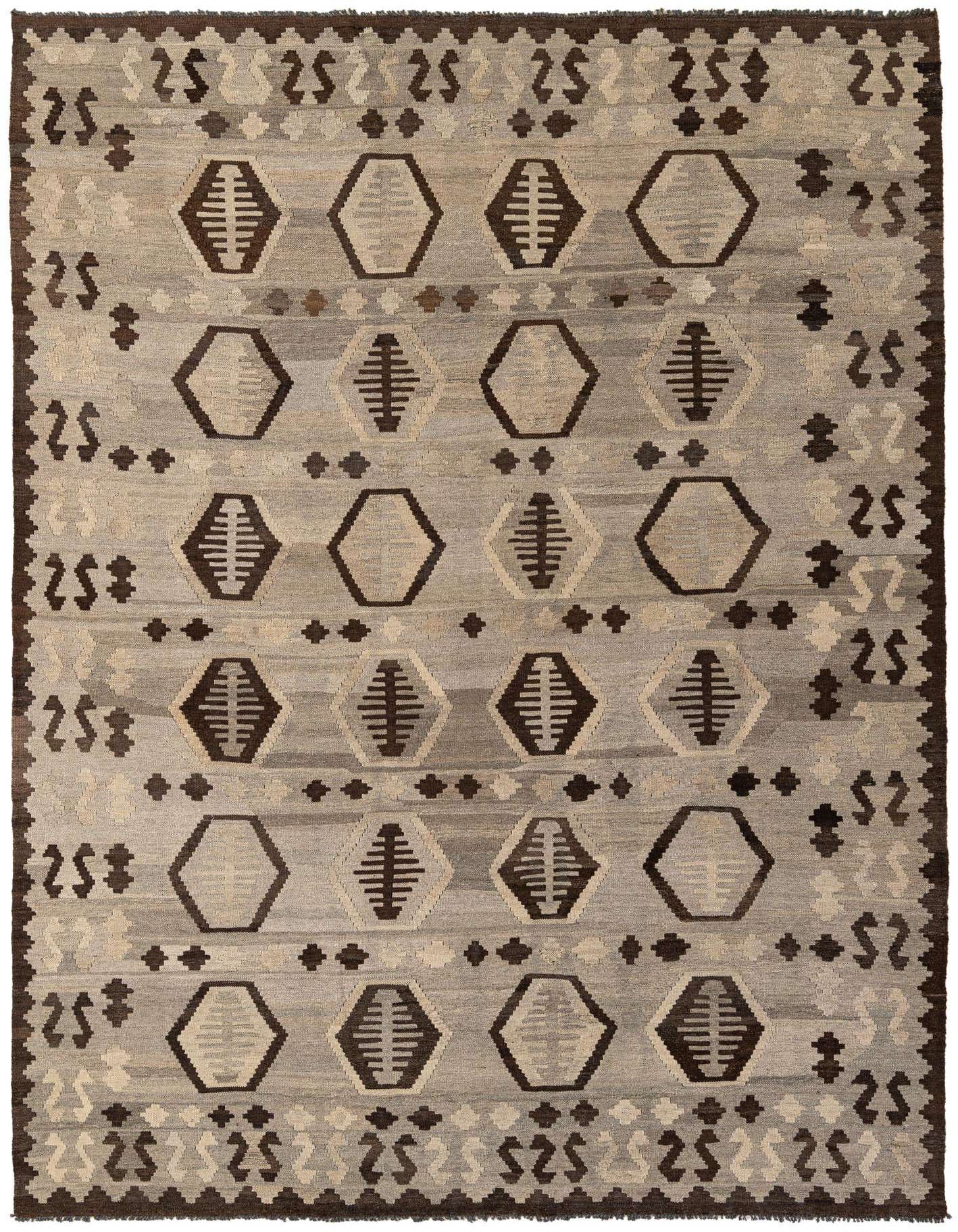 A 7x10 rectangular Kilim Maymana rug featuring a tribal pattern of dark gray and light gray hexagons on a gray flatweave background, with a dark gray border.
