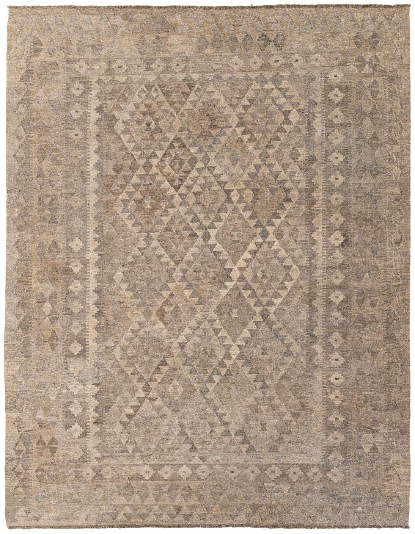 A 7x10 rectangular flatweave Kilim Maymana rug in shades of gray and silver, featuring a tribal geometric diamond pattern.