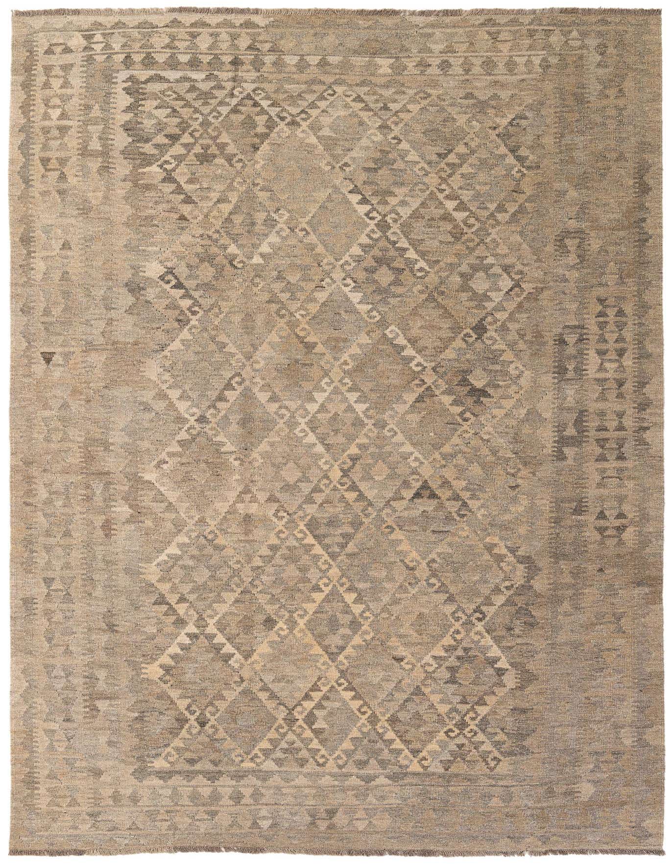 A 7x10 rectangular flatweave rug featuring a tribal geometric diamond pattern in varying shades of gray and silver.