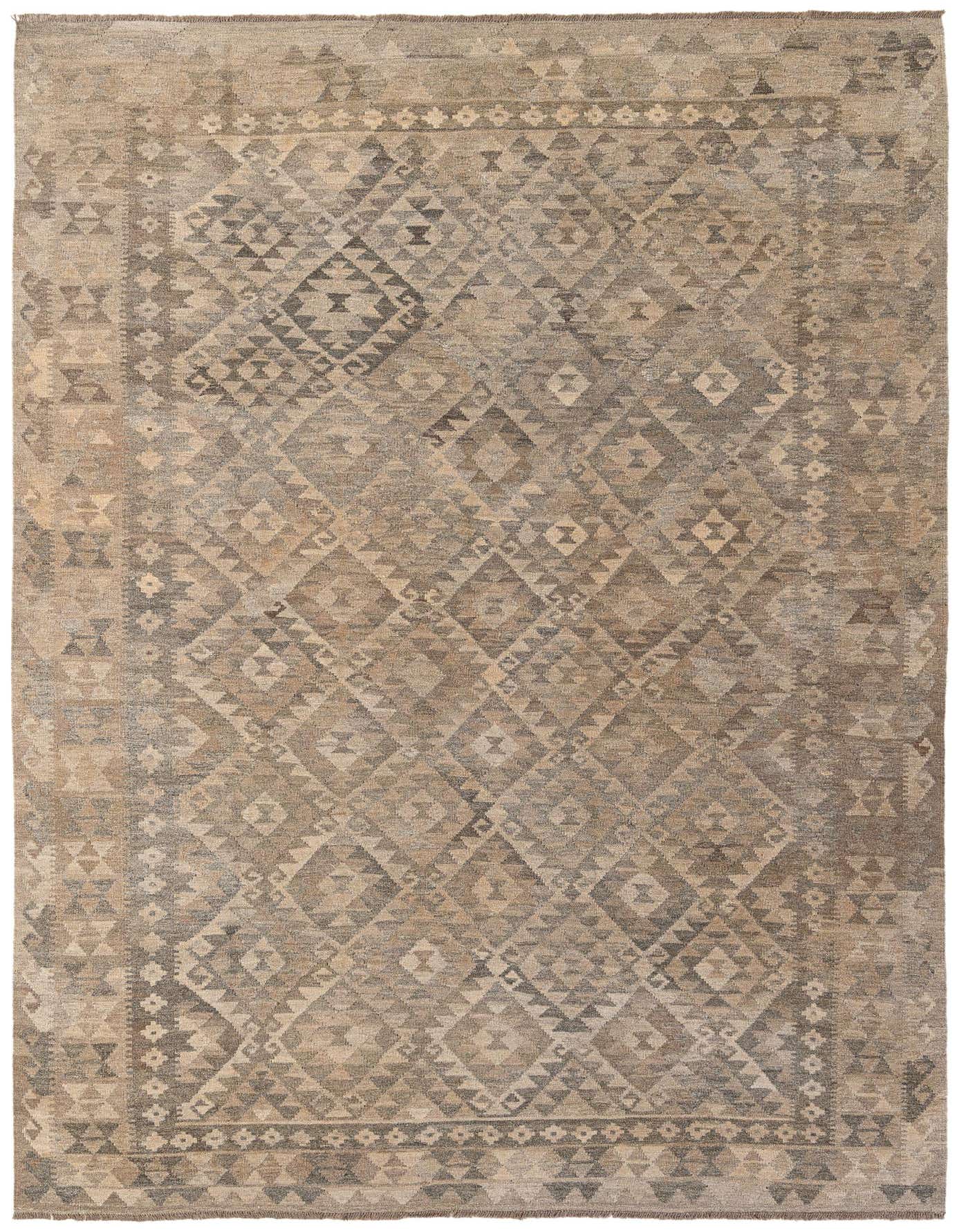 A 7x10 rectangular flatweave rug with a tribal geometric pattern in shades of gray and silver, suitable for a living room.