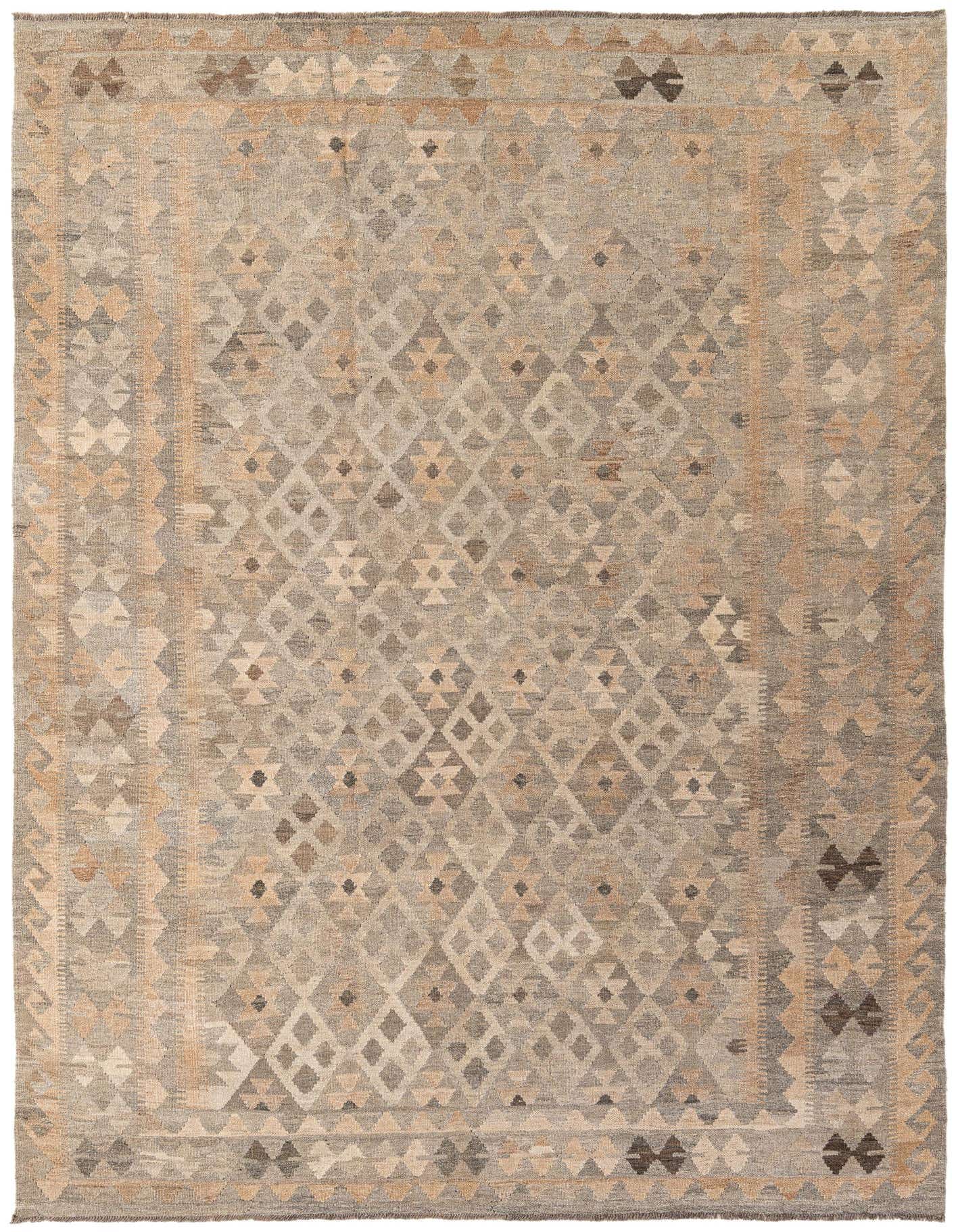 A 7x10 rectangular flatweave Kilim Maymana rug with a tribal geometric pattern in various shades of gray, silver, and beige.