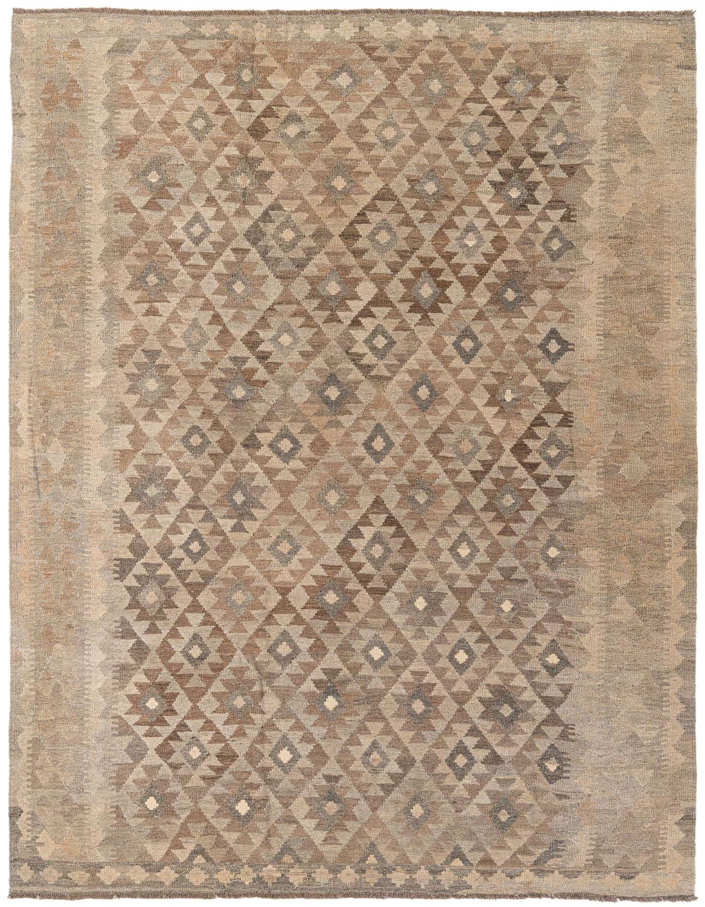 A 7x10 rectangular flatweave Kilim Maymana rug featuring a tribal geometric pattern in shades of gray and silver.