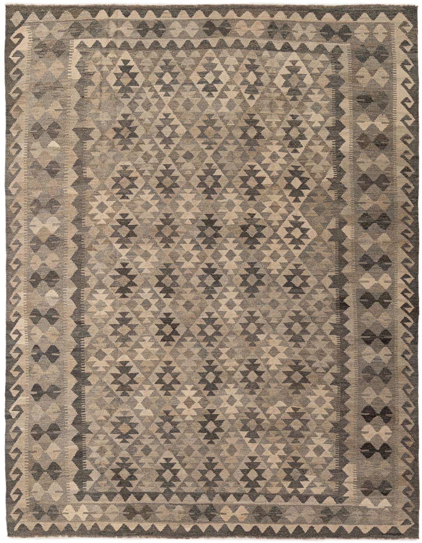 A 7x10 rectangular flatweave Kilim Maymana rug featuring a tribal geometric pattern in varying shades of gray and silver.