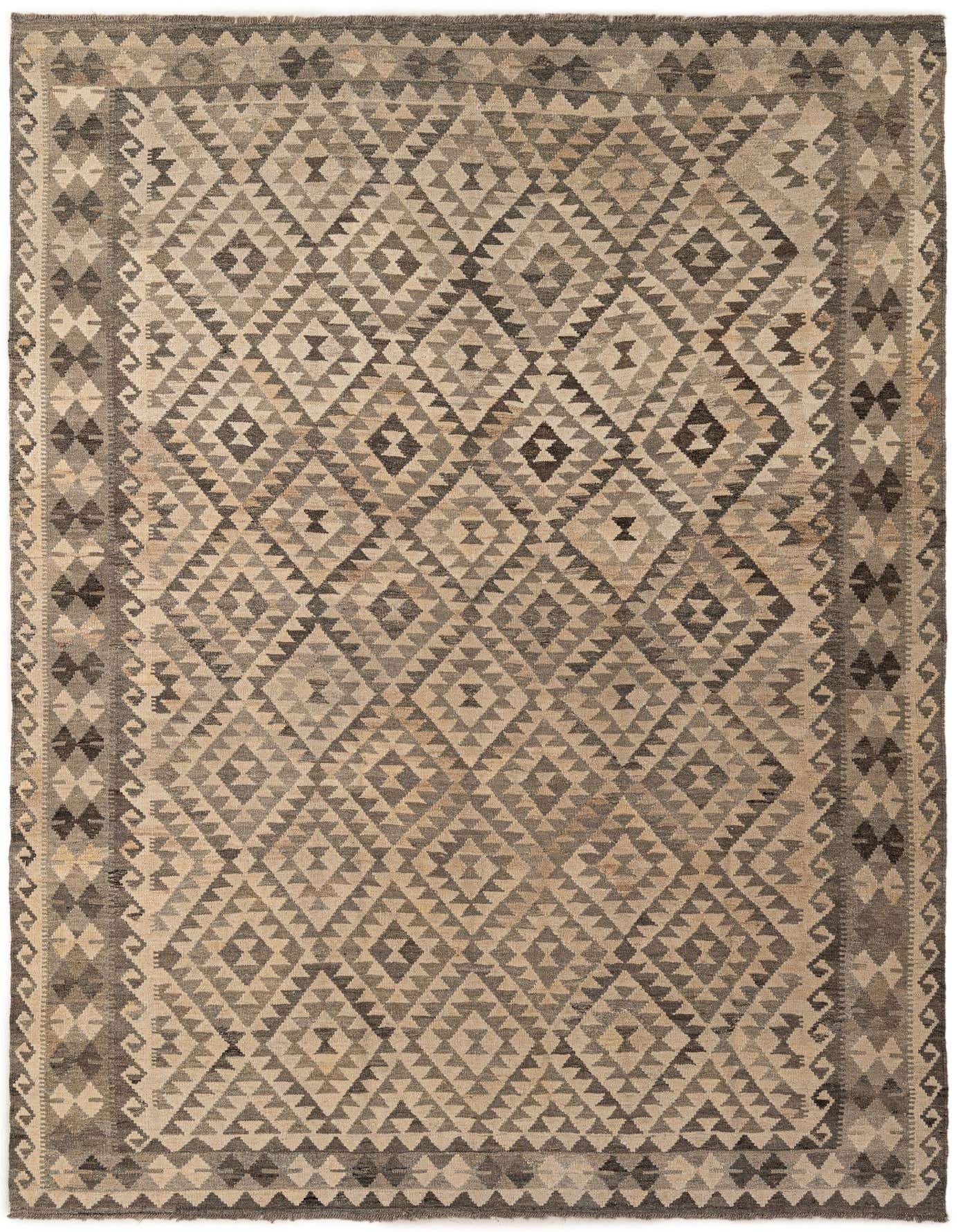 A 7x10 rectangular Kilim Maymana rug featuring a tribal geometric pattern in various shades of gray and silver.