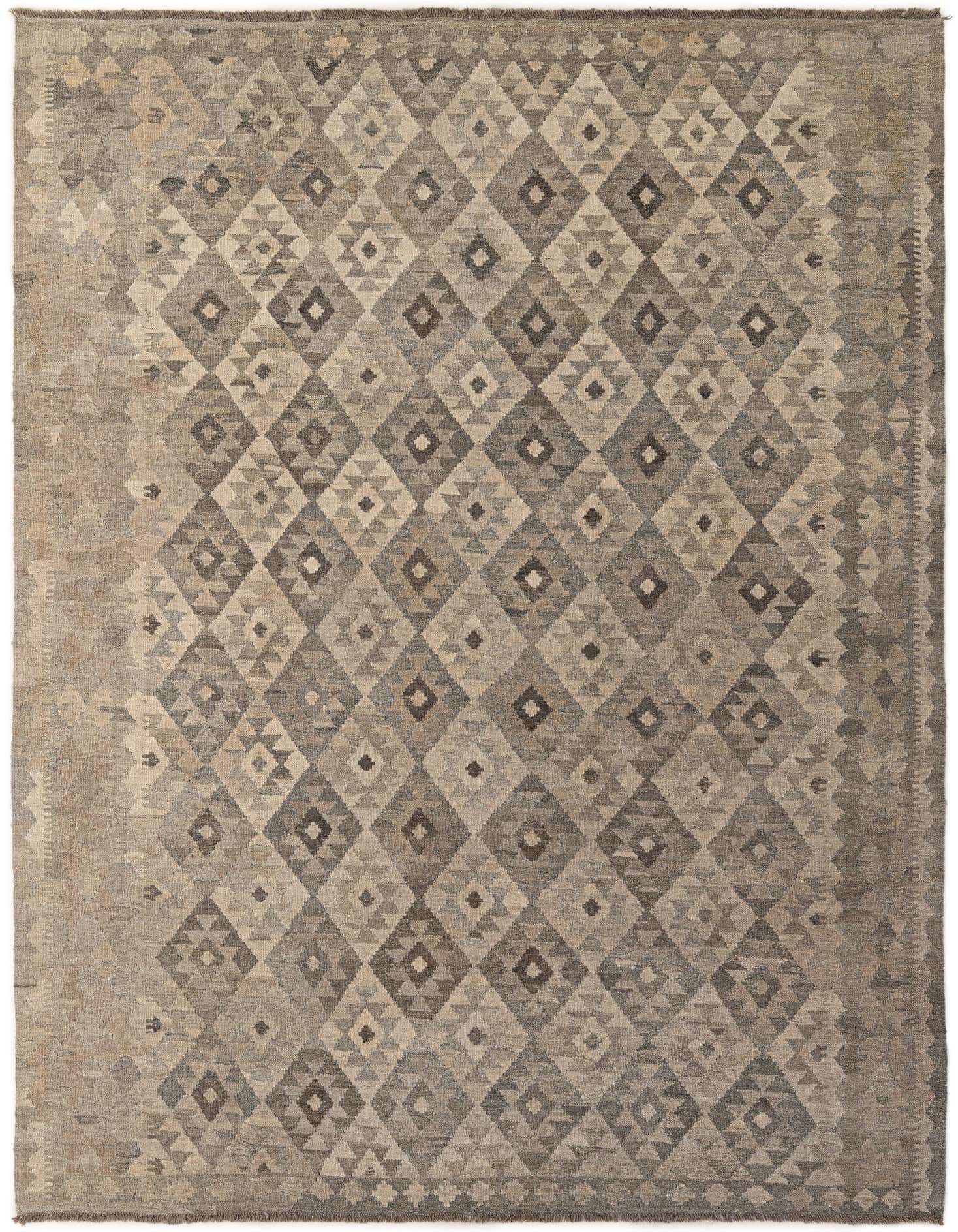 A 7x10 rectangular flatweave rug with a tribal geometric diamond pattern in varying shades of gray and silver.
