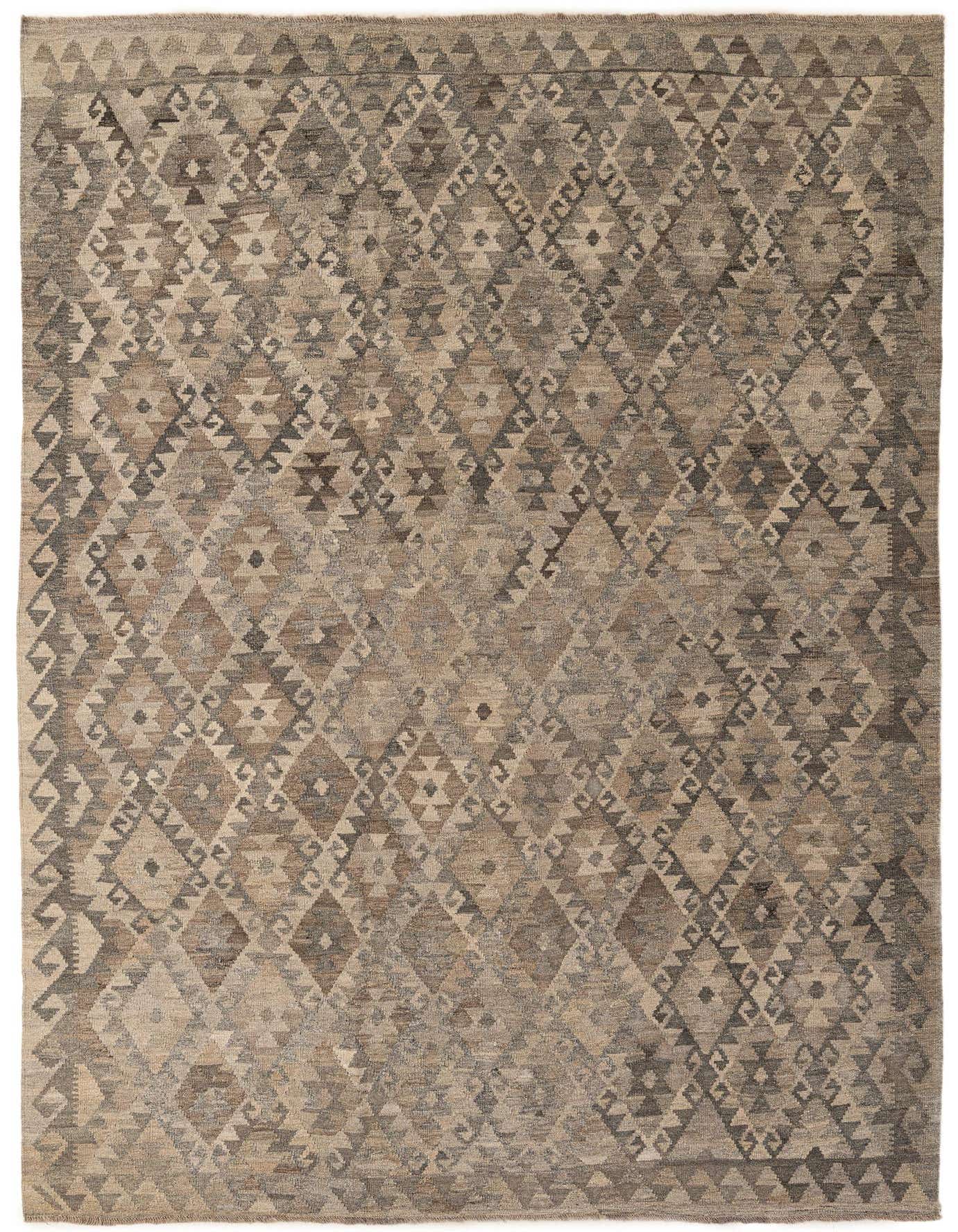 A 7x10 rectangular flatweave Kilim Maymana rug featuring a tribal geometric diamond pattern in varying shades of gray and silver.