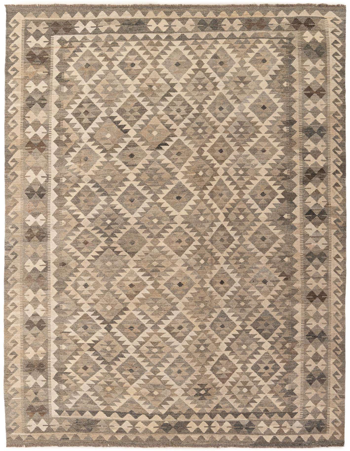 A 7x10 rectangular flatweave rug featuring a tribal geometric pattern in varying shades of gray, silver, and natural beige.