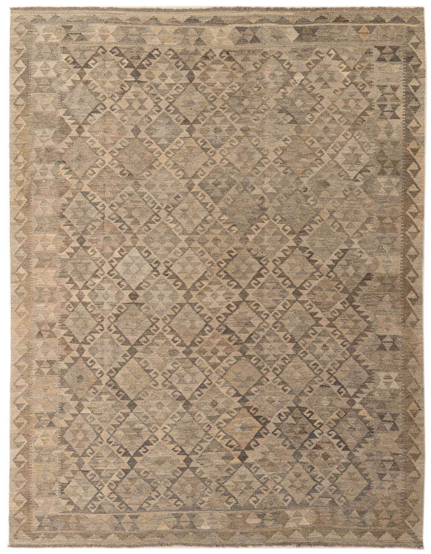 A 7x10 rectangular flatweave Kilim Maymana rug featuring a tribal geometric diamond pattern in shades of gray and silver.