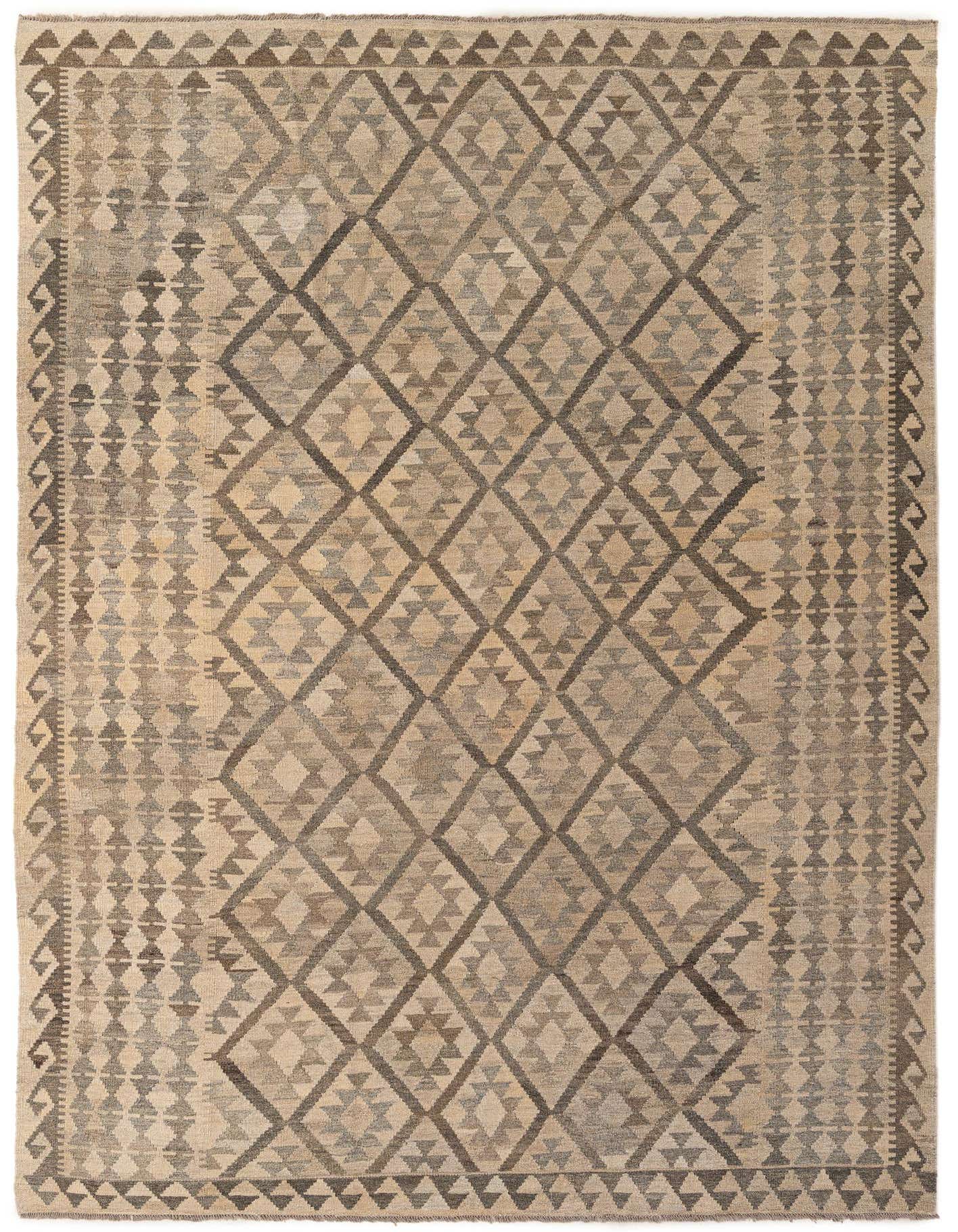 A 7x10 rectangular flatweave Kilim Maymana rug featuring a tribal diamond pattern in various shades of gray and silver.