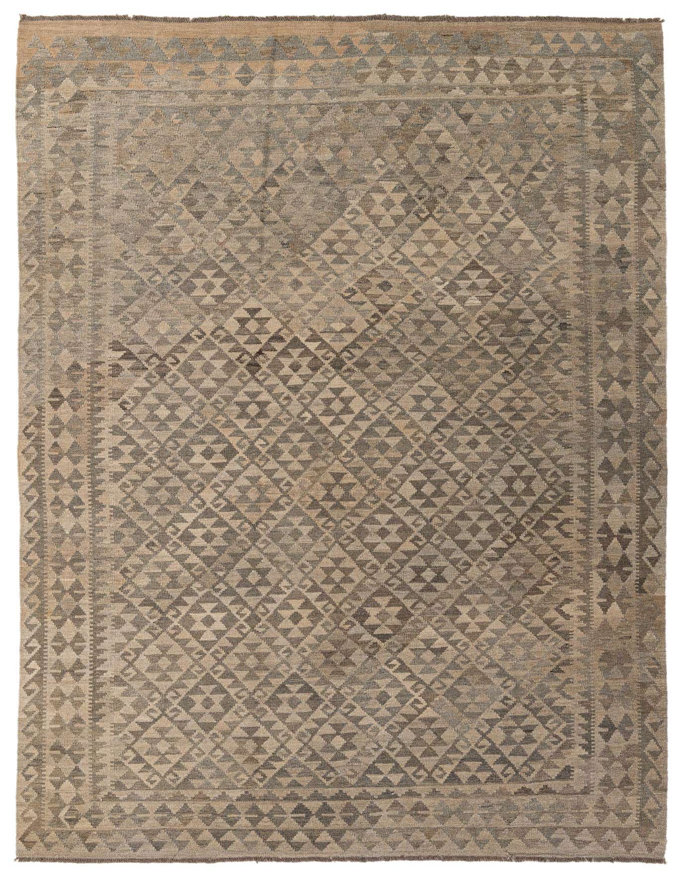 A 7x10 rectangular Kilim Maymana wool rug featuring a tribal geometric pattern in varying shades of gray.